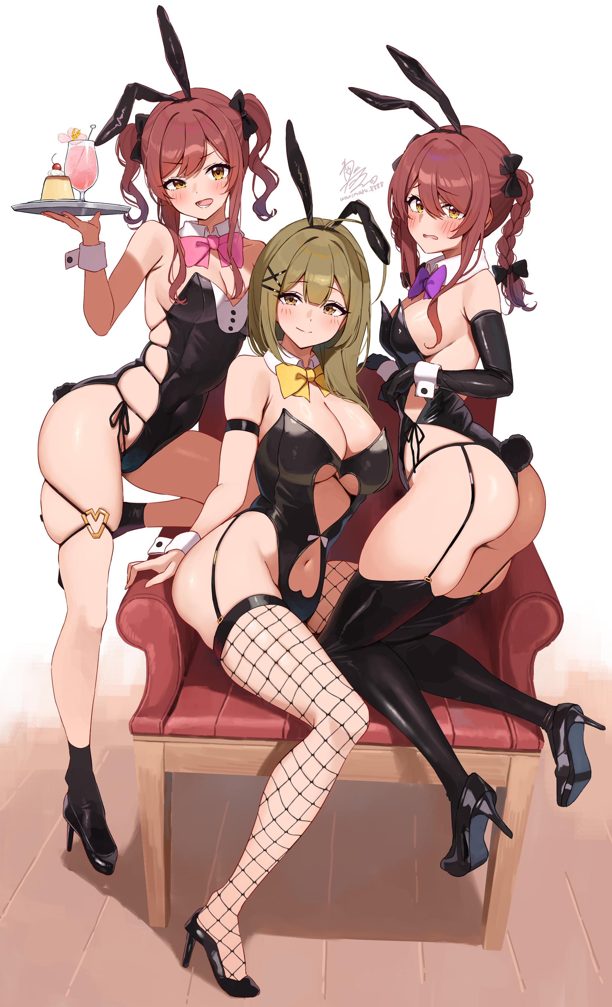 ahoge, ankle socks, arm strap, ass, bare arms, bare legs, bare shoulders, bare thighs, belly button, big breasts, black leotard, blush, braided twintails, breasts, bunny ears, bunny tail, bunnysuit, cleavage, closed mouth, clothing cutout, detached collar, embarrassed, female, fishnet thighhighs, fishnets, garter belt, garter straps, green eyes, green hair, hair ribbon, high heels, holding plate, idolmaster, idolmaster shiny colors, kuwayama chiyuki, leotard, long hair, medium breasts, open mouth, osaki amana, osaki tenka, parted lips, red hair, sideboob, sisters, sitting, skindentation, smile, strapless leotard, thick thighs, thigh strap, thighs, twins, twintails, underboob, underboob cutout, wanimaru, wrist cuffs, yellow eyes