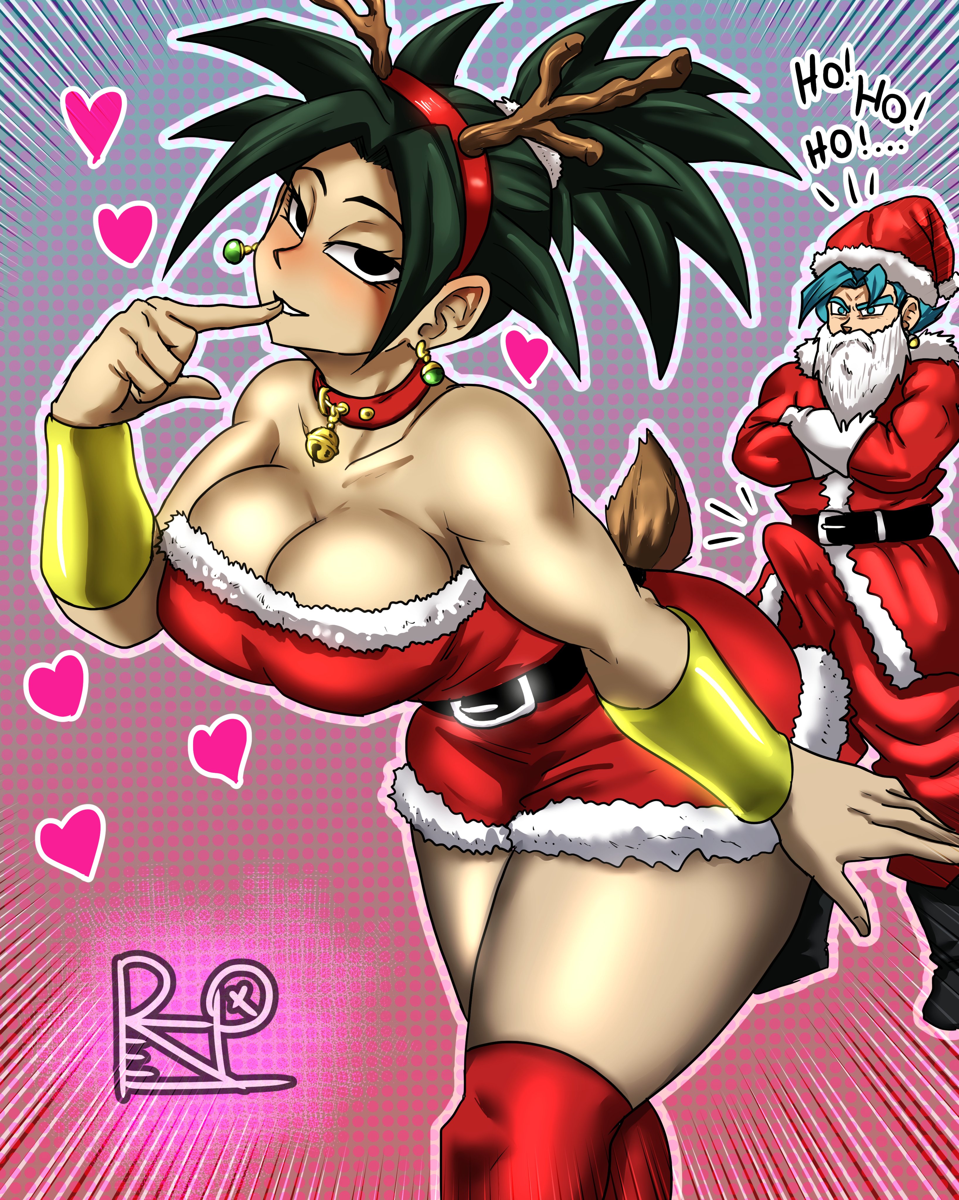 1boy, 1girls, 2d, antlers, big breasts, black hair, blush, breasts, bulge, christmas, christmas outfit, color, dragon ball, dragon ball super, dragon ball z, earrings, erection, erection under clothes, female, full color, fusion, hat, heart, horns, jewelry, kefla, large breasts, male, potara earrings, rezp, santa costume, santa hat, super saiyan, super saiyan blue, teasing, thick thighs, thighs, vegito