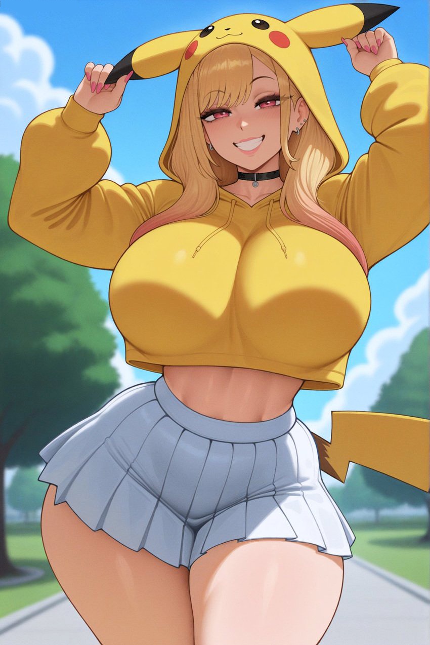1girls, ai generated, alternate breast size, breasts, female, female only, kitagawa marin, marin kitagawa, my dress up darling, outside, pikachu (cosplay), solo, sono bisque doll wa koi wo suru, tagme