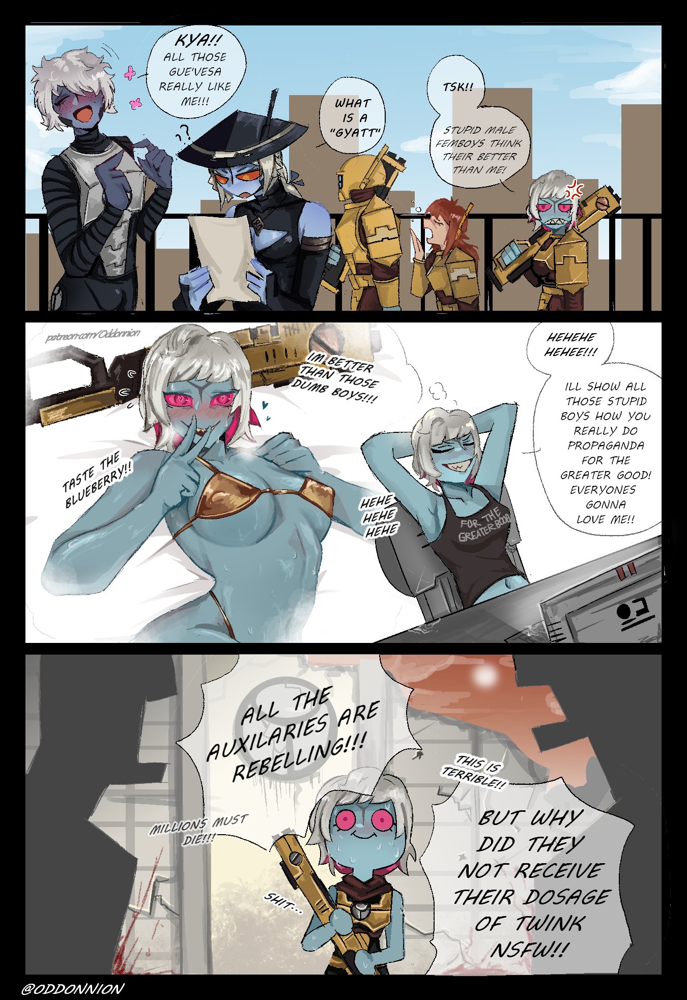 1other, 2d, 2d (artwork), 3boys, 3girls, alien, alien boy, alien femboy, alien girl, artist name, bikini, black border, blue skin, blue-skinned female, blue-skinned male, breasts, english text, female, femboy, jealous, male, odd onion, pornography, propaganda, questionable, seducing, seductive, tau, text, warhammer (franchise), warhammer 40k, white hair, xenophilia