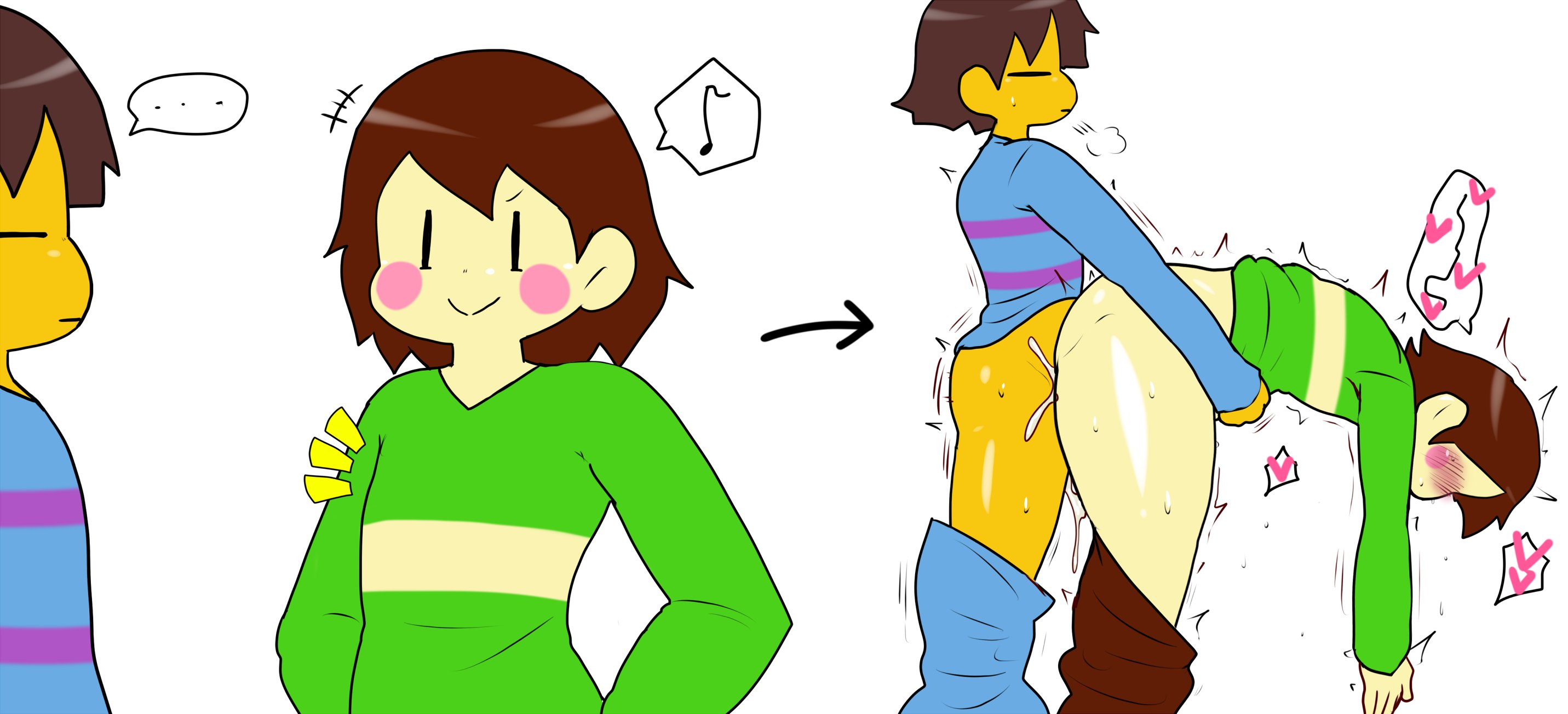 =), 1boy, 1girls, ambiguous penetration, ass, blush, bodily fluids, breasts, brown hair, chara, cum, cum inside, enigi09, female, female chara, frisk, frisk (undertale), from behind, heart, heart emote, male, male frisk, pussy, small breasts, straight, toby fox, undertale, undertale (series), vaginal penetration, vaginal sex, what, yellow skin