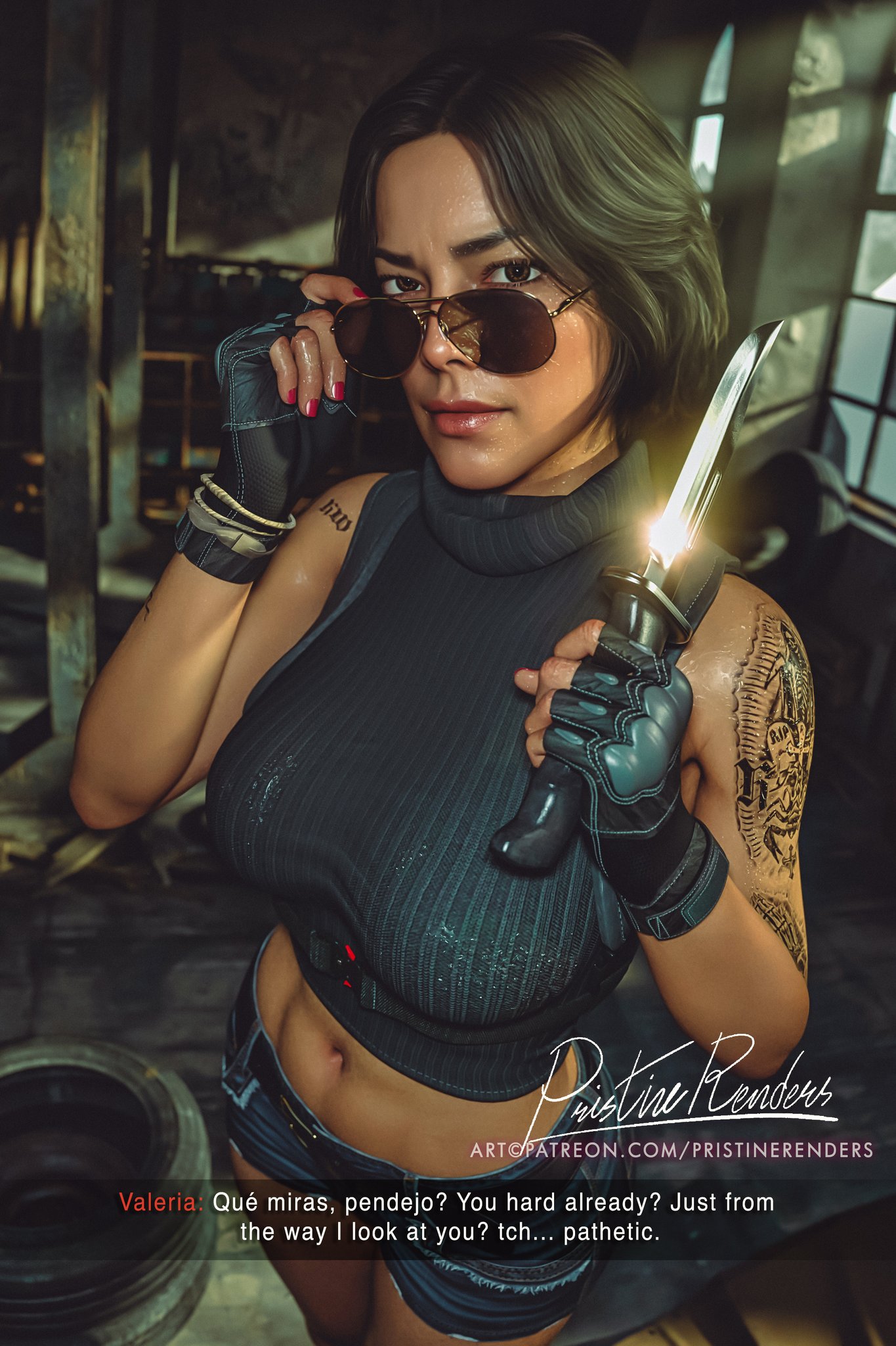 1girls, 3d, activision, big breasts, black gloves, black hair, breasts, brown eyes, call of duty, call of duty modern warfare 2 (2022), chest, curvaceous, curvy, curvy figure, english text, female, female only, fingerless gloves, gloves, hips, holding, holding knife, holding object, holding weapon, hourglass figure, infinity ward, knife, large breasts, latina, legs, light skin, light-skinned female, mature, mature female, mexican, mexican female, midriff, nail polish, pristinerenders, red nail polish, red nails, shorts, slim waist, sunglasses, tan body, tan skin, tan-skinned female, tattoo, text, thick, thick hips, thick legs, thick thighs, thighs, valeria garza, voluptuous, waist, wide hips