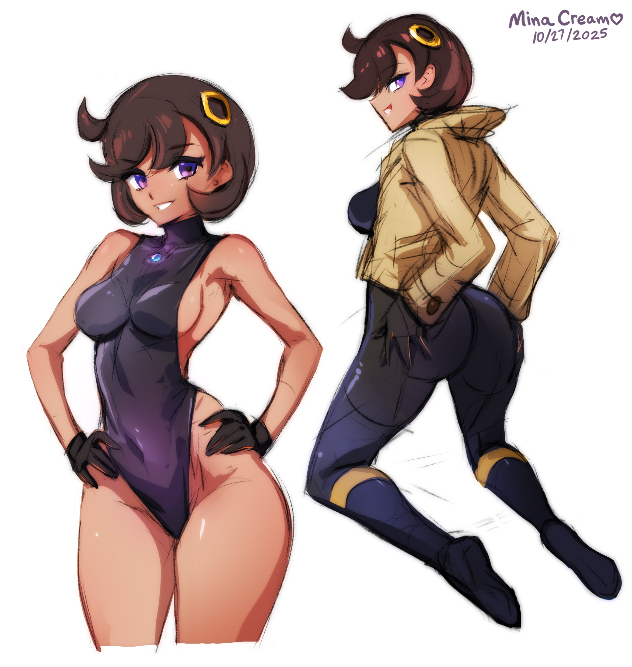 1girls, 2025, ass, ass focus, ass grab, back view, bodysuit, brown hair, emma (pokemon legends: z-a), emma (pokemon), female, female only, footwear, front view, fully clothed, gloves, hair ornament, human, human only, jacket, jpeg, looking at viewer, matiere (pokemon legends: z-a), matiere (pokemon), medium breasts, minacream, multiple views, pokemon, pokemon legends: z-a, purple eyes, soles