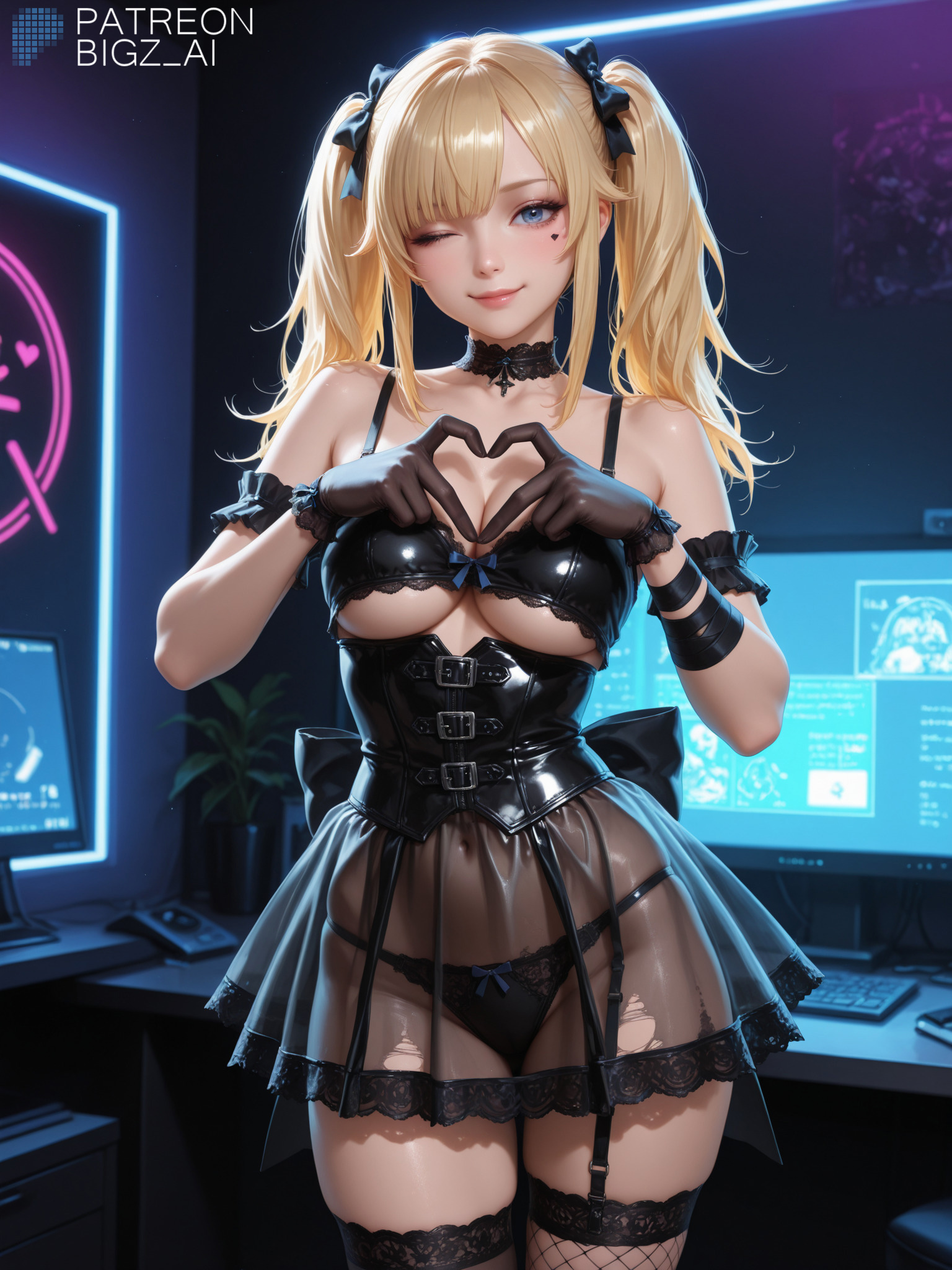 1girls, absurd res, ai generated, ani (twitter), artist name, belly, big breasts, bigz ai, blonde hair, blue eyes, bra, breasts, clothing, corset, curvy, curvy figure, female, fishnets, gesture, gloves, grok, grok (x), heart, heart gesture, heart symbol, highres, large breasts, light skin, light-skinned female, lingerie, long hair, looking at viewer, medium breasts, panties, skirt, thin waist, torn clothes, transparent clothing, wide hips, wink
