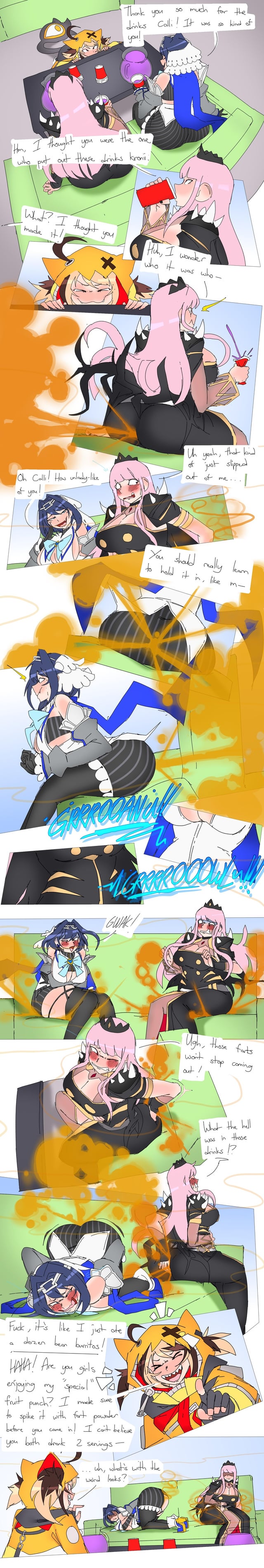 3girls, drinking, embarrassed, fart, fart cloud, fart fetish, farting in face, gigi murin, hololive, hololive english, lazei, mori calliope, ouro kronii, virtual youtuber