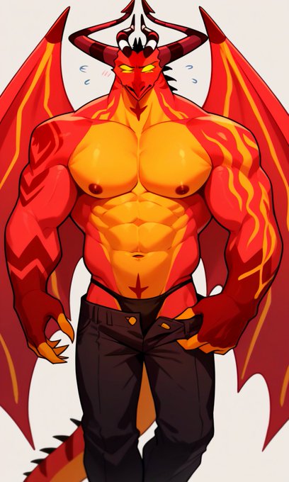 bara, helluva boss, male, muscular, muscular male, satan (helluva boss), scalie, shirtless, yaoi