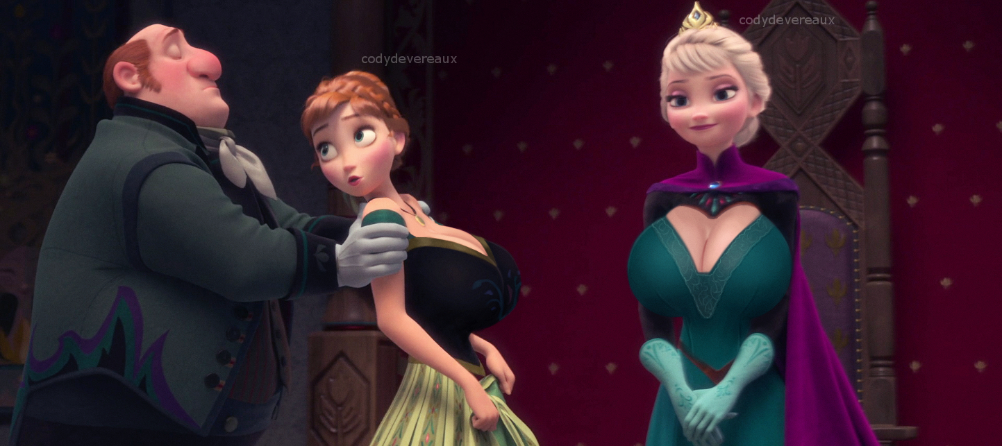 2girls, 3d, anna (frozen), big breasts, bimbo, breasts, busty, cape, cleavage, clothed, codydevereaux, disney, disney princess, edit, elsa (frozen), eyeshadow, female, frozen (film), huge breasts, lipstick, makeup, screenshot, screenshot edit, siblings, sisters, tagme, tiara, voluptuous