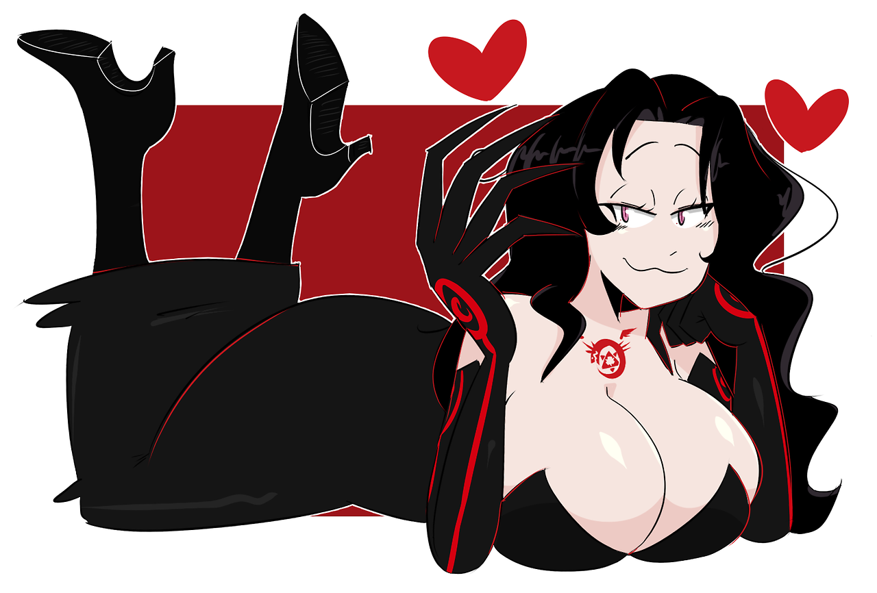 ass, breasts, female, fullmetal alchemist, huge ass, huge breasts, jinu, lust (fullmetal alchemist), the pose, thick, thick thighs, voluptuous, wide hips