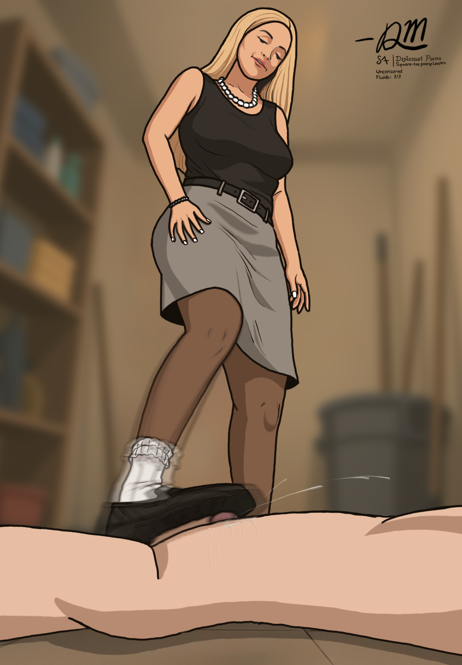 1boy, ai assisted, balls, black pantyhose, blonde female, blonde hair, business attire, business woman, cock and ball torture, cock and balls torture, cumshot, docmartenspls, ejaculation, female, femdom, footjob, footjob with legwear, footjob with one foot, loafer, loafers, male, nylons, office chair, office clothing, original character, pantyhose, penis, shoejob, standing footjob, standing shoejob, stepping on penis, trample, trampling, white nails