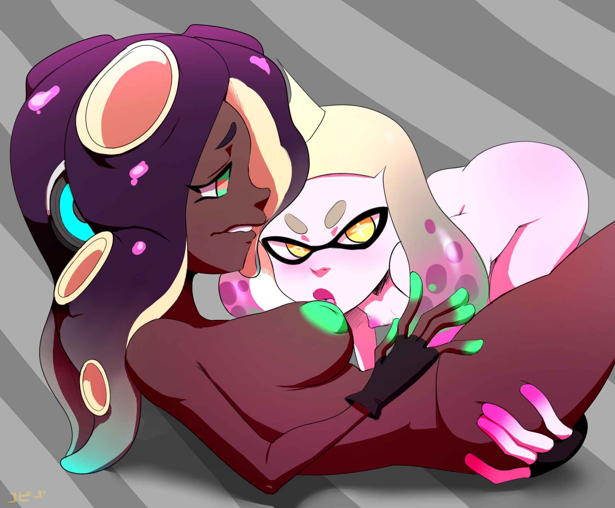 2017, 2girls, areolae, bad id, bad tumblr id, breasts, brown body, brown skin, dark skin, dark-skinned female, female, female focus, female only, green eyes, green nipples, humanoid, inkling, marina (splatoon), multiple females, multiple girls, nintendo, nipples, nude, octoling, pale skin, pearl (splatoon), splatoon, thehumancopier, thighs, yellow eyes, yuri