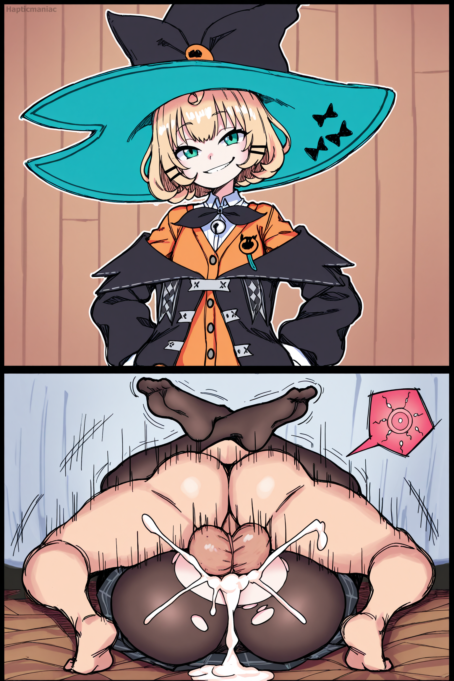 1boy, 1girls, ahoge, ai generated, balls, balls deep, bell, black bow, blonde hair, bow, clothed female nude male, cum, cum in pussy, cum inside, ejaculation, excessive cum, female, from behind, green eyes, hairclip, hapticmaniac, hat, human, impregnation, indoors, instant loss 2koma, jacket, large balls, large testicles, leg lock, legs up, light skin, light-skinned female, male, mating press, medium hair, millie parfait, nijisanji, nijisanji en, orange sweater, plaid skirt, pussy, ripped clothing, self upload, skirt, smug, straight, sweater, tagme, testicles, tights, vaginal, vaginal penetration, vaginal sex, virtual youtuber, vtuber, witch hat