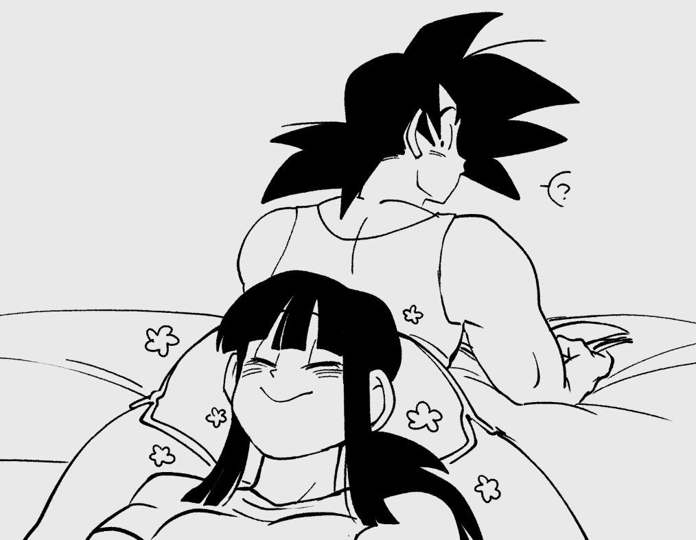 ?, 1alien, 1boy, 1girls, 1human, alien male, ass focus, ass pillow, bed, bedroom, big ass, big ass (male), black hair, blush, blush lines, butt, butt focus, butt pillow, cal monssi, chichi, confused, cute, cute face, dragon ball, dragon ball super, dragon ball z, female, happy, happy female, head on ass, human female, husband and wife, laying down, laying on back, laying on bed, laying on stomach, long hair, male, male ass, married couple, no color, saiyan, saiyan male, shorts, son goku, spiky hair, spread legs, tank top, thick thighs, wholesome