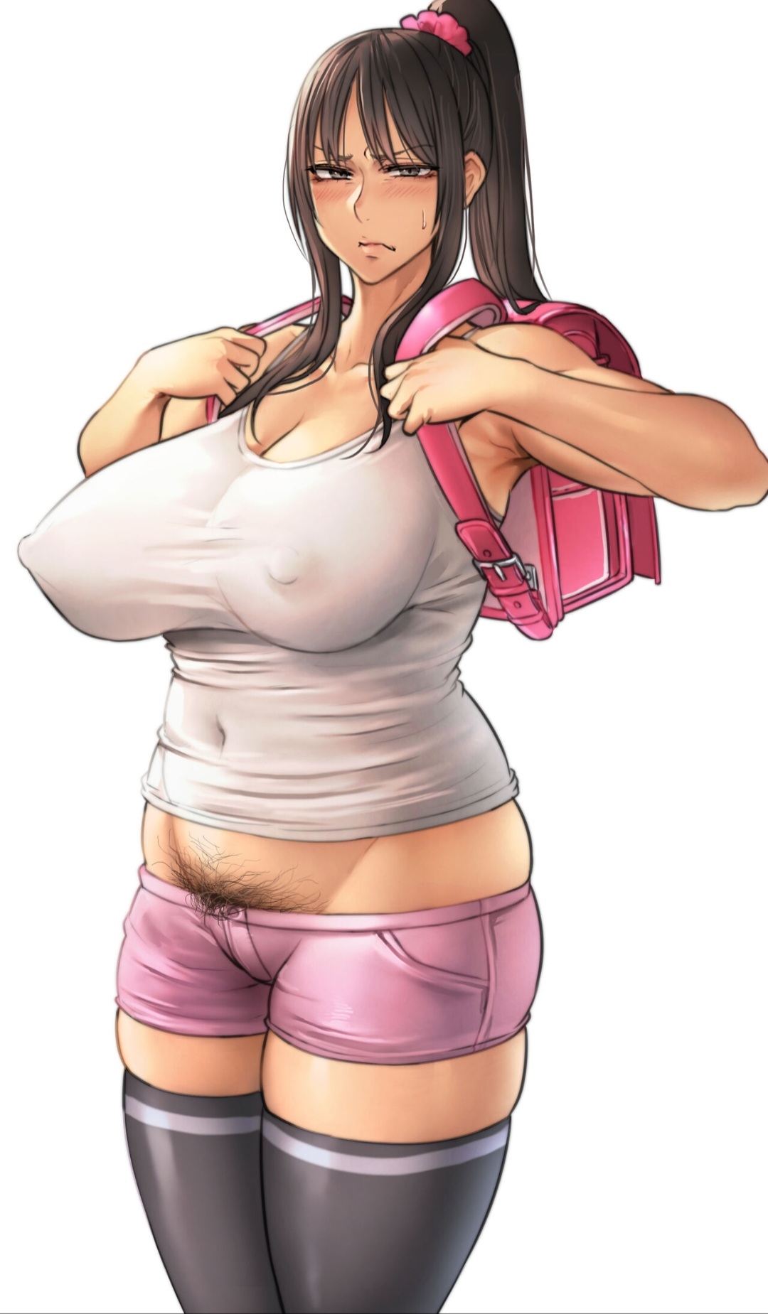 1girls, ageplay, backpack, big breasts, black eyes, black hair, breasts, covered nipples, female, female only, female pubic hair, hairy pussy, huge breasts, long hair, nipple bulge, nipples visible through clothing, no bra, no bra under clothes, no panties, original, pepe (jonasan), ponytail, pubic hair, pubic hair peek, pussy, randoseru, shorts, skindentation, solo, stockings, t-shirt, tight clothing, too small clothes, undersized clothes, unshaved pussy