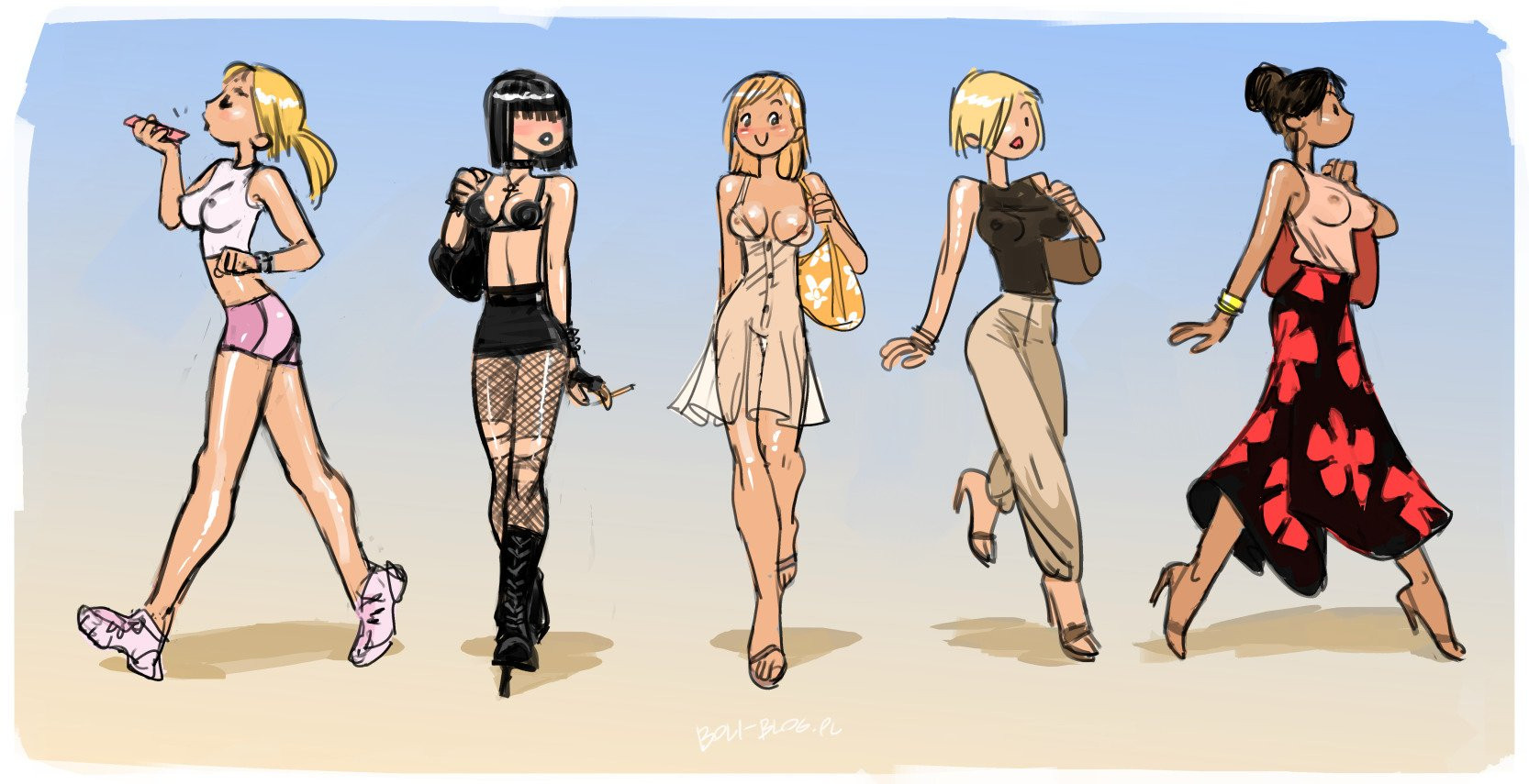 au (artist), black hair, blonde hair, boli-blog, female, goth, goth girl, jogging, jogging outfit, multiple females, multiple girls, nipples visible through clothing, short hair, sundress, transparent clothing, walking, workout clothes
