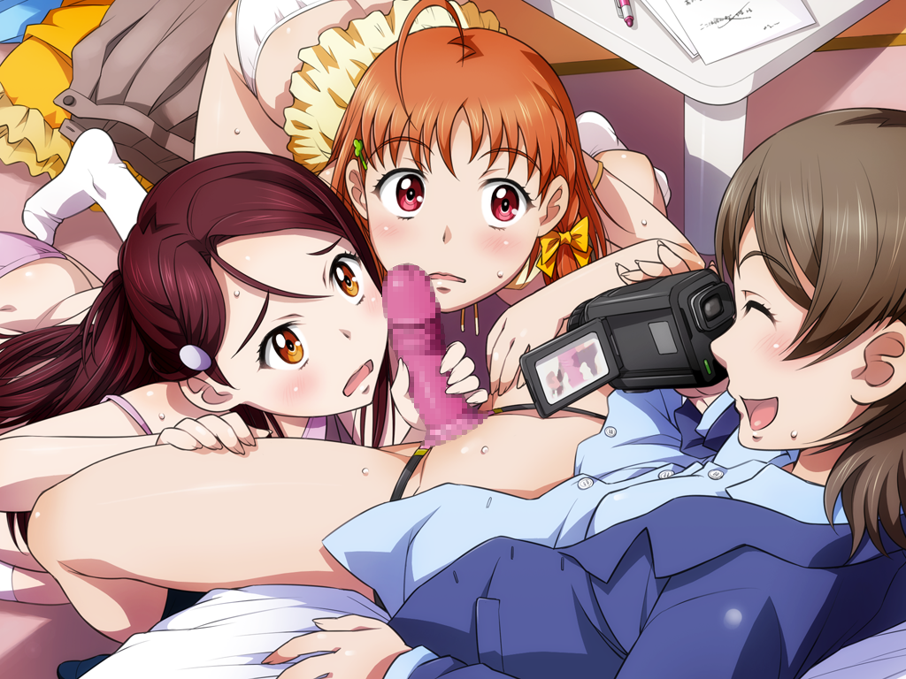 3girls blush camera censored clothed female love_live! love_live!_sunshine!! open_mouth orange_hair panties sakurauchi_riko sameha_ikuya strap-on takami_chika watanabe_you yuri