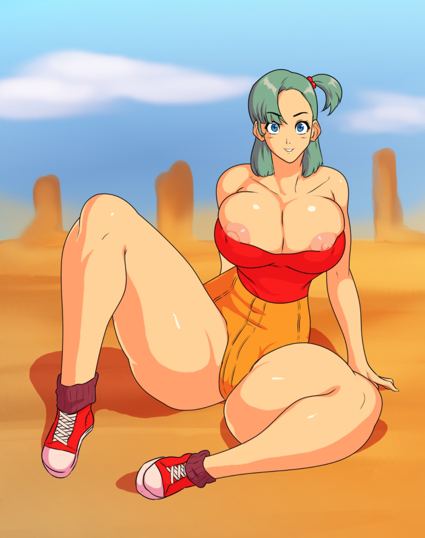 areola, bimbo, breasts, bulma briefs, busty, cleavage, dragon ball, dragon ball (classic), female, female only, hourglass figure, huge breasts, jay-marvel, nipples, shoes, smiling, sneakers, solo, teenage female, teenager, toei animation, voluptuous
