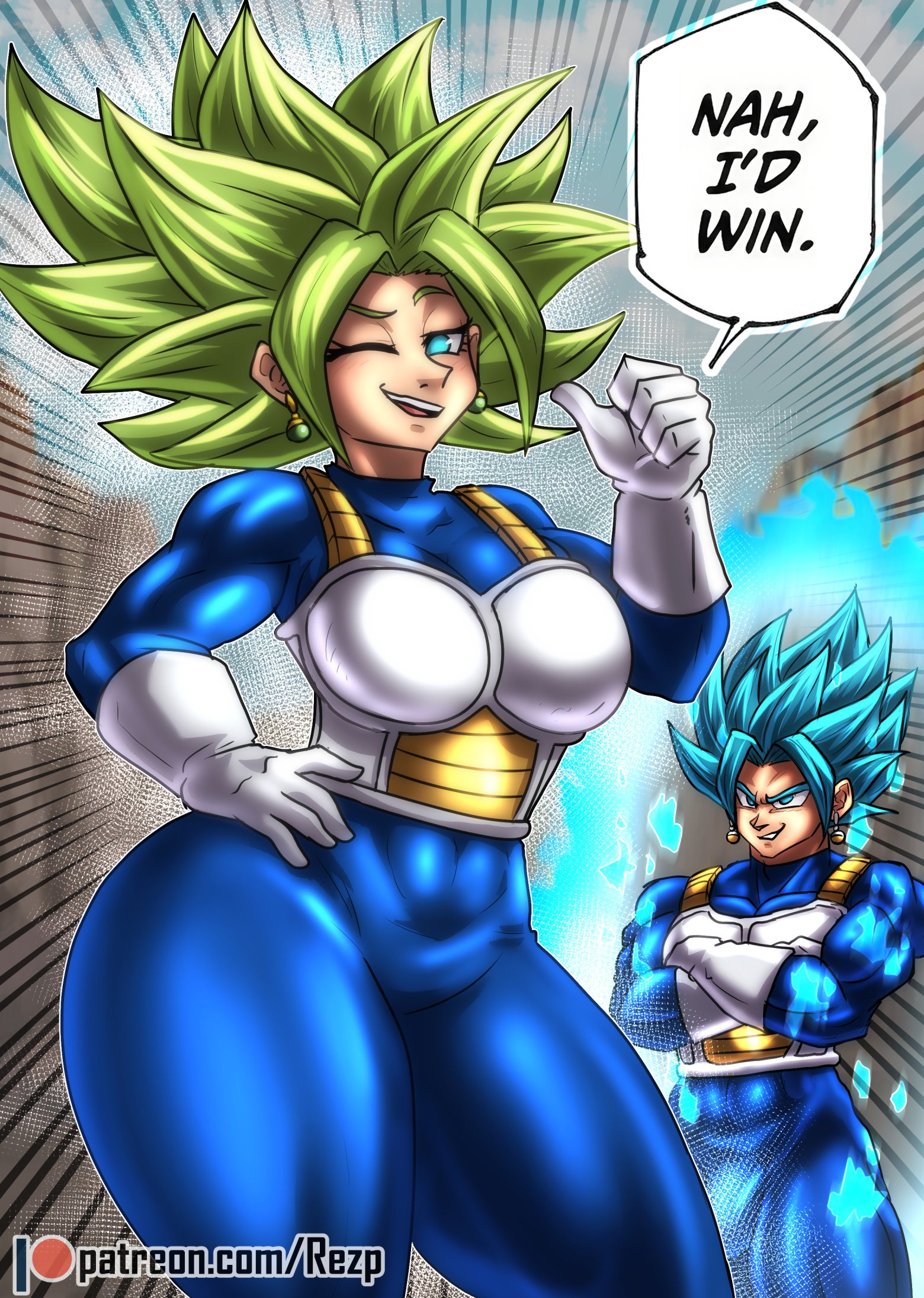 1boy, 1girls, 2d, big breasts, blue eyes, blue hair, breasts, clothed, clothed female, clothed male, color, crossed arms, dragon ball, dragon ball super, dragon ball z, earrings, english text, female, full color, fully clothed, fusion, green hair, jewelry, kefla, large breasts, male, muscular, muscular female, muscular male, nah i'd win (meme), nah id win, pointing at self, potara earrings, potara fusion, rezp, saiyan, smile, speech bubble, super saiyan, super saiyan blue, thick thighs, vegito, wink