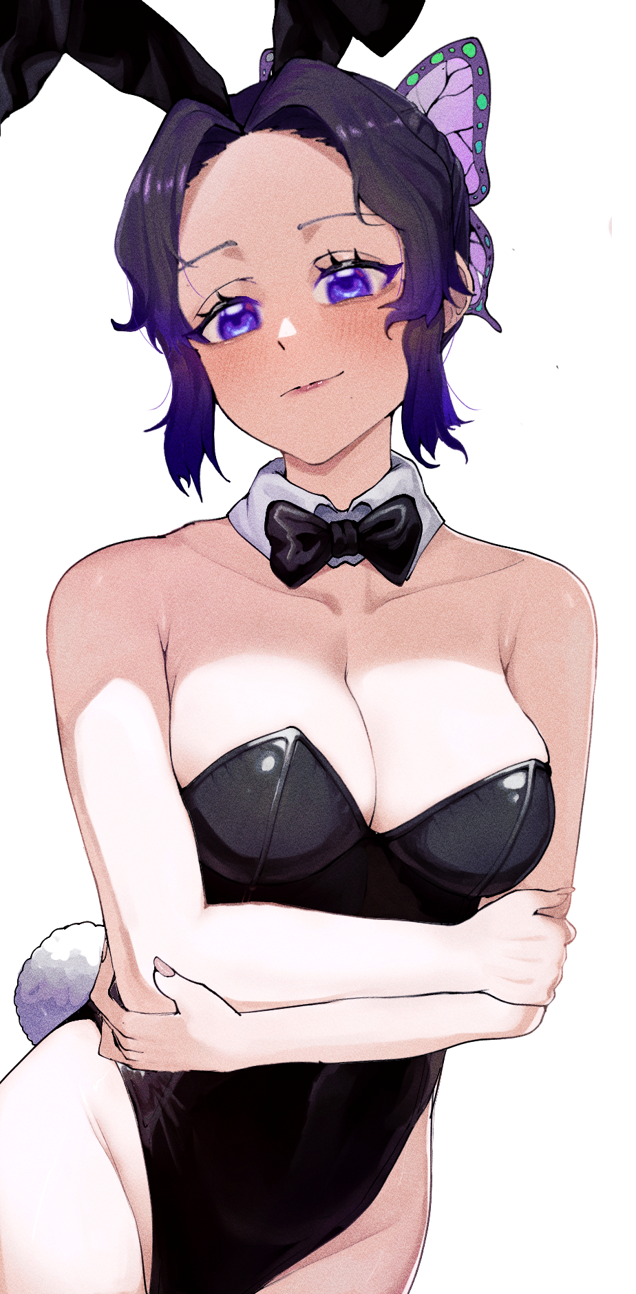 1girls, black bow, black bowtie, black bunnysuit, black leotard, bow, bowtie, breasts, bunny ears, bunny girl, bunny tail, bunnysuit, butterfly hair ornament, cleavage, collarbone, commentary, demon slayer, detached collar, fake animal ears, fake tail, female, female only, groin, hair ornament, highres, kimetsu no yaiba, kochou shinobu, large breasts, leotard, looking at viewer, playboy bunny, purple eyes, purple hair, purple-haired female, rabbit ears, rabbit tail, sidelocks, simple background, sole female, solo, strapless, strapless leotard, tail, white background, yellow glasses (odivichno)