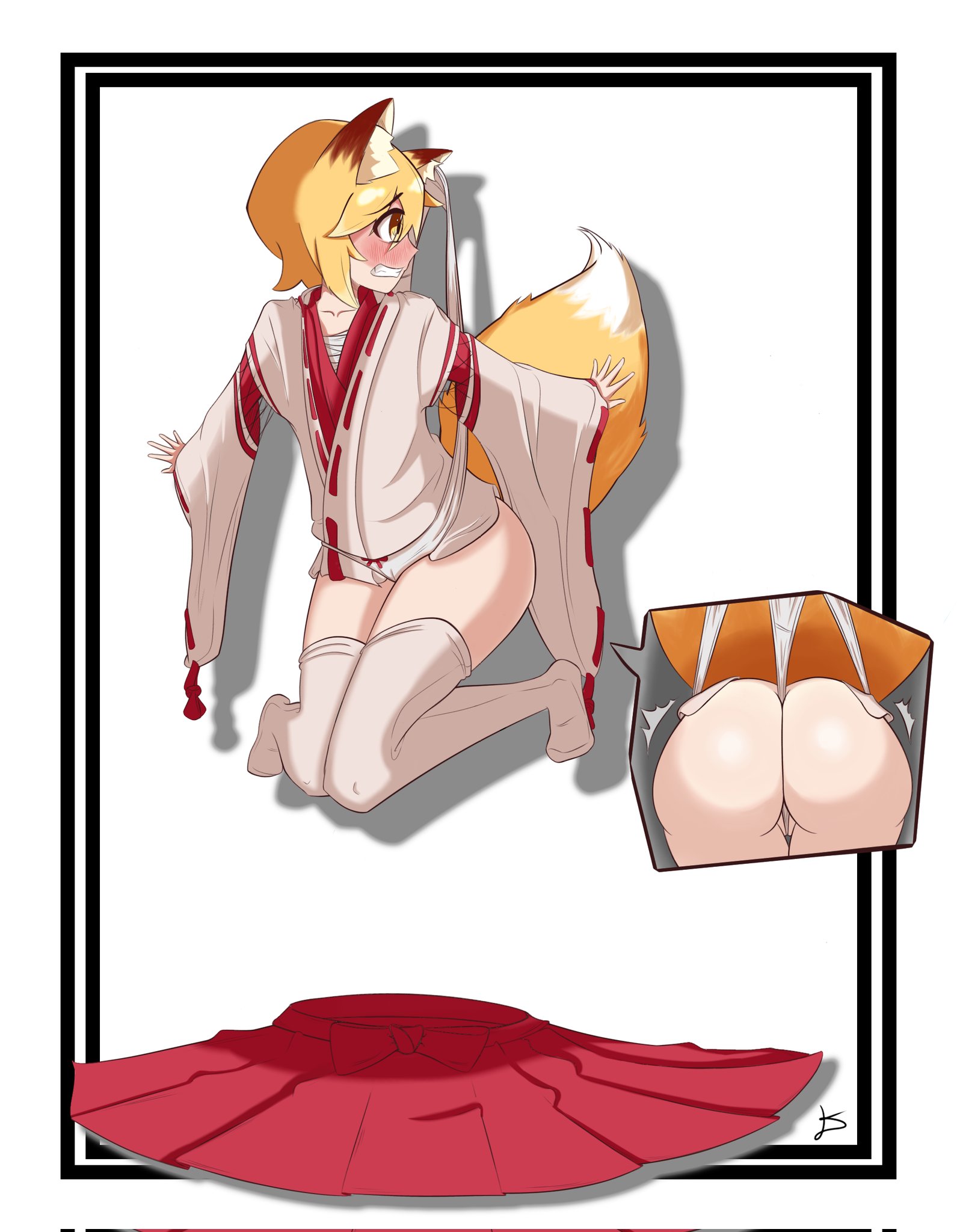 1girls, 2023, animal ears, ass, bl4ckc0ffee19, blonde hair, blush, bow panties, clenched teeth, embarrassed, female, fox ears, fox girl, fox tail, hanging wedgie, looking back, no pants, no shoes, panties, senko (sewayaki kitsune no senko-san), sewayaki kitsune no senko-san, skirt, skirt removed, suspension, tagme, tail, thighhighs, watermark, wedgie, white panties, yellow eyes