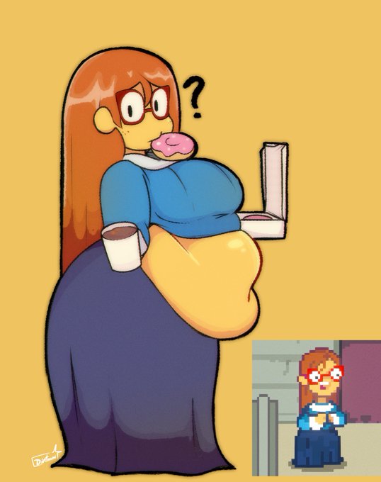 1girls, adorable, artist signature, bbw, belly, belly overhang, chubby, chubby female, confusion, cute, dirtann, donut, dot eyes, eating, eating donut, eating food, fat, fat ass, fat female, female, freckles, freckles on face, hanging belly, kindergarten (game), kindergarten 3, ms. lovelett, overhanging belly, overweight, overweight female, question mark, red glasses, signature, solo, solo female, stomach, teacher, tummy, weight gain, wholesome