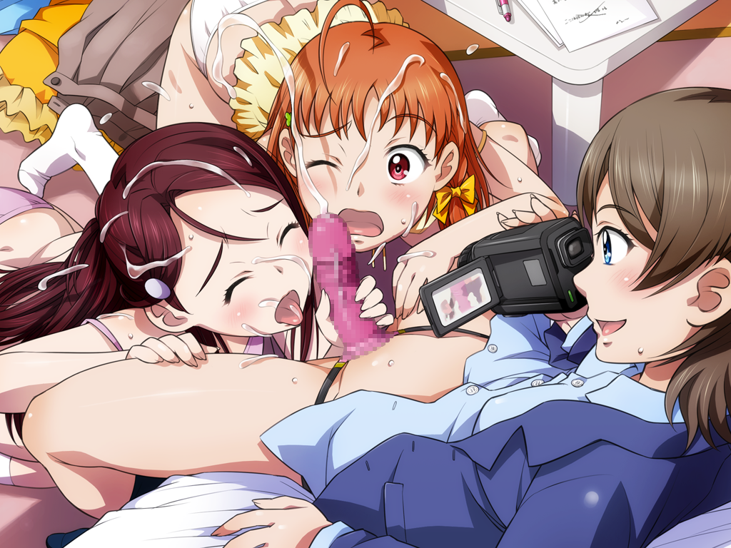 3girls blush brown_hair camera censored closed_eyes clothed cum cum_in_mouth cum_on_face cum_on_hair cum_on_tongue cumshot ejaculation fake_cum female love_live! love_live!_sunshine!! medium_breasts open_mouth orange_hair panties recording red_hair sakurauchi_riko sameha_ikuya small_breasts strap-on takami_chika watanabe_you yuri