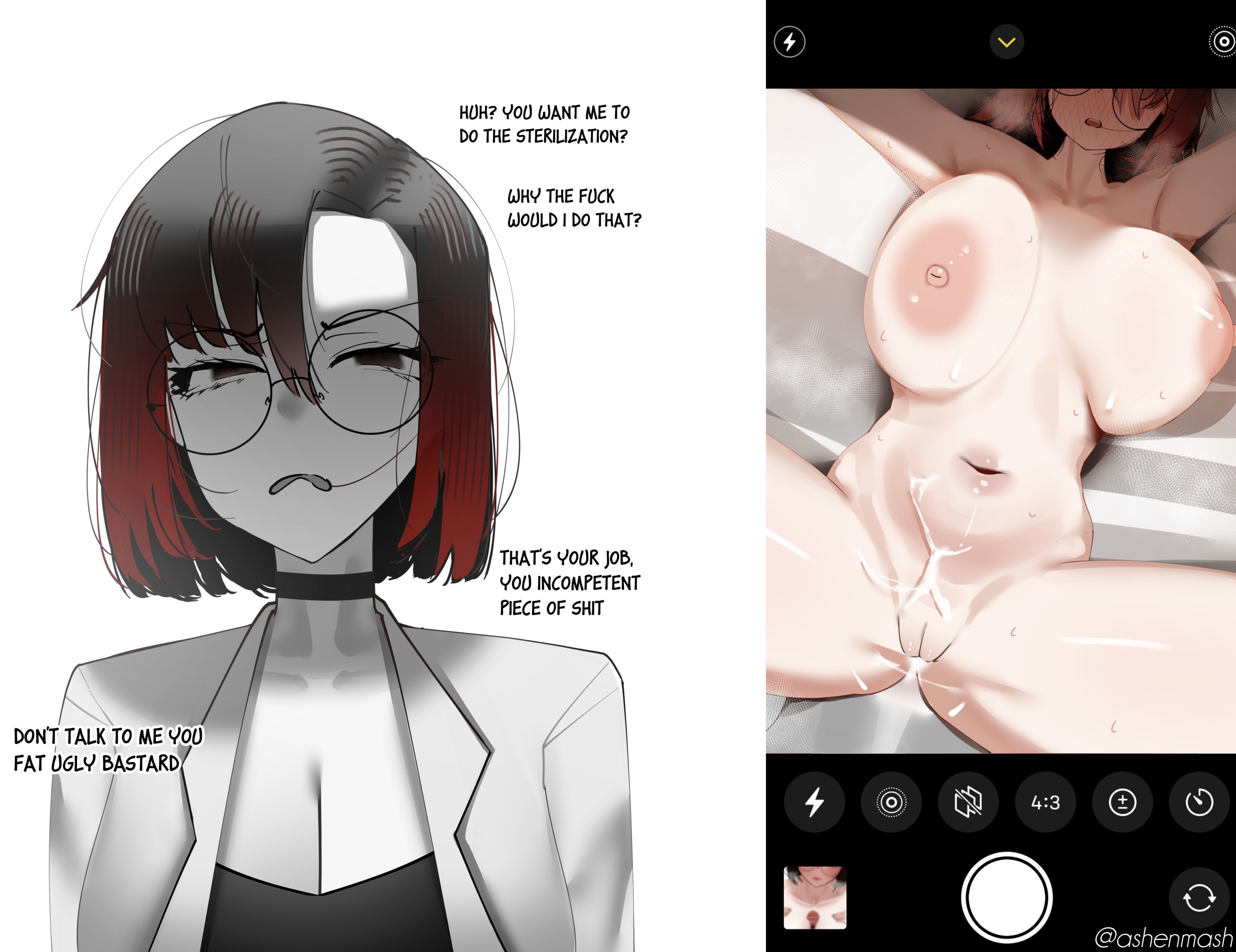 after orgasm, after rape, after sex, ashe (ashenmash), ashenmash, asian female, before and after, black hair, breasts, choker, corrective rape, cum, cum in pussy, degradation, dialogue, disgusted, dubious consent, english text, female, female focus, glasses, glasses askew, hate sex, huge breasts, huge thighs, impregnation, instant loss, instant loss 2koma, insulting viewer, jacket, light skin, mind break, naked female, original, phone screen, pussy, rape, raped, red highlights, secretly loves it, taking picture, text, twitter link, ugly bastard, unwanted creampie, unwanted cum inside, unwanted cumshot, unwanted ejaculation, unwanted impregnation, white background