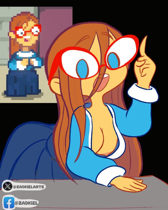 2d, 2d (artwork), artist signature, big glasses, blue dress, blue eyes, blue skirt, boobs out, breasts, breasts out, breasts out of clothes, digital media (artwork), female, glasses, kindergarten (game), kindergarten 3, ms. lovelett, nerd, nerdy, nerdy female, nipple peek, nipple slip, nipples, pointing up, red glasses, sadkielarts, signature