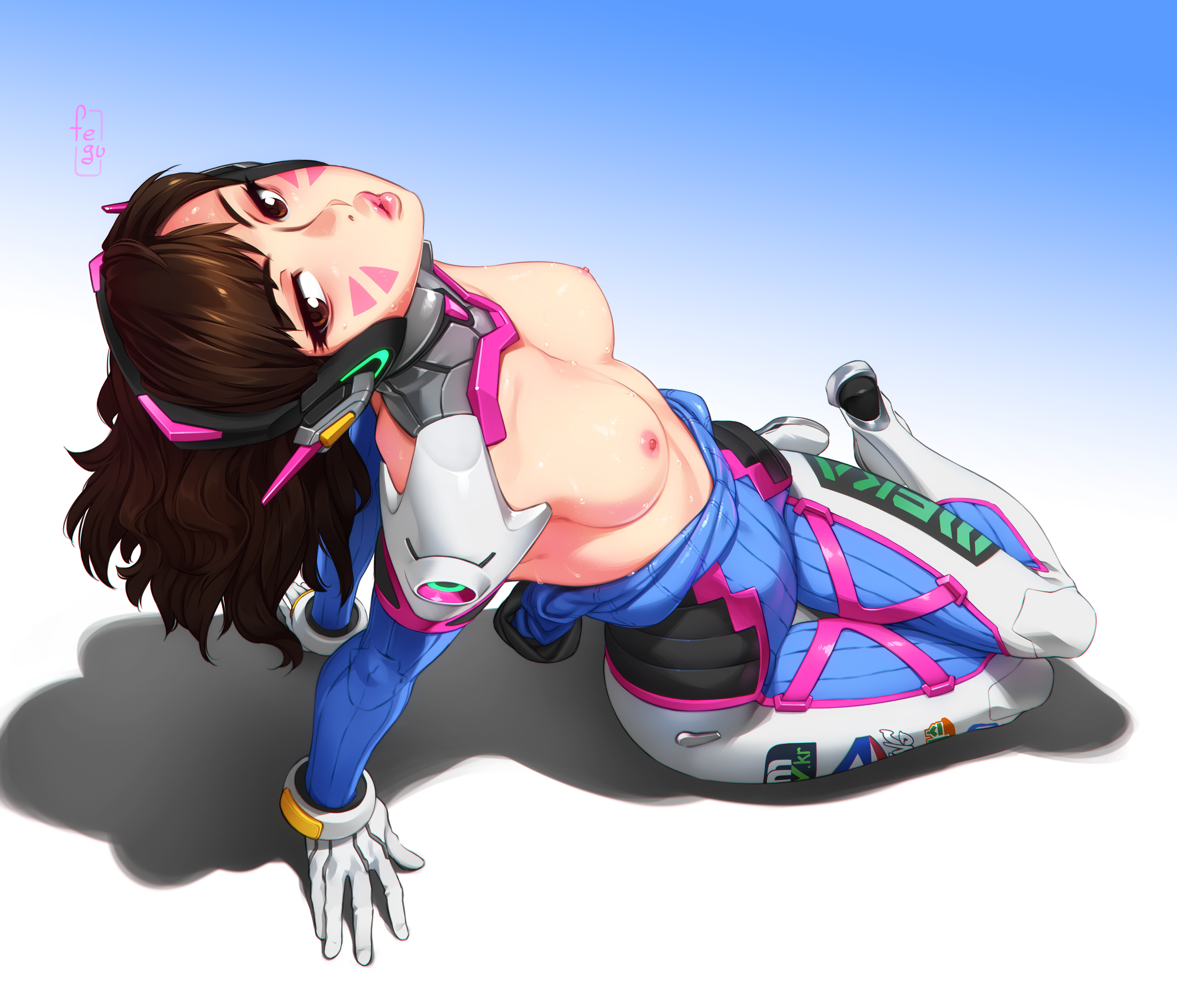 1girls, absurdres, alternate version at source, areolae, arm support, bangs, blizzard entertainment, blue background, bodysuit, breasts, breasts out, brown eyes, brown hair, d.va, exposed breasts, facepaint, facial markings, feguimel, female, female only, from above, full body, gloves, gradient background, headgear, headphones, highres, human, kissy face, leaning back, long hair, looking at viewer, looking up, medium breasts, nipples, open clothes, overwatch, perspective, pilot suit, puckered lips, shadow, shoulder pads, signature, simple background, sitting, skin tight, solo, sweat, thigh gap, whisker markings, white gloves