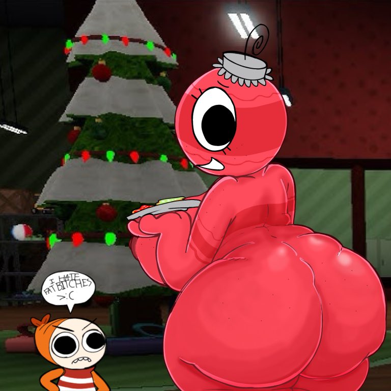 1boy1girl, 1girls1boy, angry expression, angry eyebrows, areola peek, ass, ass bigger than head, ass focus, back boob, back view, backboob, backview, big ass, big ass (female), black pupils, bobette (dandy's world), breasts bigger than head, bubble ass, bubble butt, carpet, christmas, christmas cookies, christmas lights, christmas present, christmas tree, chubby, chubby female, circular head, closet, cookie, cookies, crate, dandy's world, emoticon, english dialogue, english text, feet out of frame, green stripes, happy, happy female, holding plate, living room, locker, missfurbottom, nipple peek, object head, ornament, ornaments, pink skin, pink skinned female, plate, plump, polka dot, polka dot background, red and white stripes, red areola, red nipples, red skin, red skinned female, red wall, ribbon, roblox, roblox game, shrimp, shrimp humanoid, shrimpo (dandy's world), smile, smile at viewer, speech balloon, speech bubble, striped background, striped body, striped shirt, swearing, teeth showing, teeth visible, thick ass, thick thighs, voluptuous, voluptuous female, white mouth, white sclera, wood floor, wrapping