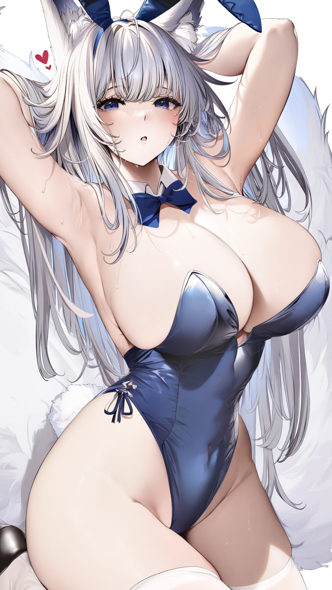 1girls, 2025, ai generated, azur lane, big breasts, blue eyes, breasts, bunny ears, bunnysuit, fake animal ears, female, female only, fox tail, hands behind head, heart, hi res, light skin, light-skinned female, provocative, sexy, shinano (azur lane), shinano (visions of fantasy) (azur lane), sitting, solo, thick thighs, white background, white hair