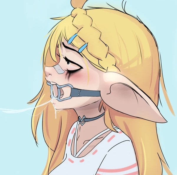 1girls, 2d, after fellatio, after oral, bandage on nose, blonde female, blonde hair, blue hairclip, bondage, braid, choker, clothed, clothed female, cum, cum trail, drool, elf, elf ears, female, hair accessory, heart choker, implied oral, mascara, mascara running, mascara smear, mascara tears, nradiowave, open mouth, open mouth gag, penny (nradiowave), plaster, ring gag, simple background, solo, spit strand, upper teeth, white shirt
