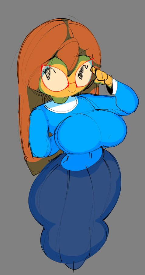 2d, 2d (artwork), ass, big ass, big breasts, blue dress, blue skirt, breasts, captivemimic, cute, cute face, digital media (artwork), female, fixing glasses, ginger hair, glasses, kindergarten (game), kindergarten 3, large ass, large breasts, mob face, ms. lovelett, orange hair, red glasses, teacher, thick, thick legs, thick thighs, thunder thighs