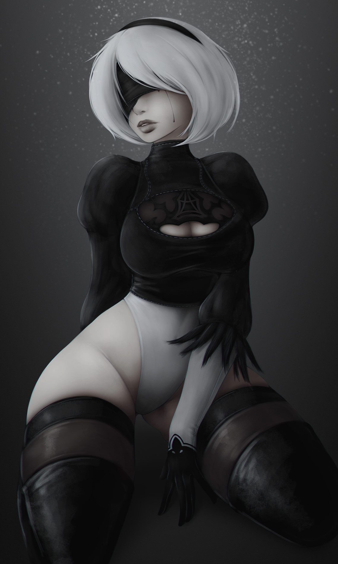 1girls, big breasts, breasts, cleavage, female, female only, impracticalart, large breasts, nier, nier: automata, skindentation, solo, thick thighs, thighhighs, wide hips, yorha 2b
