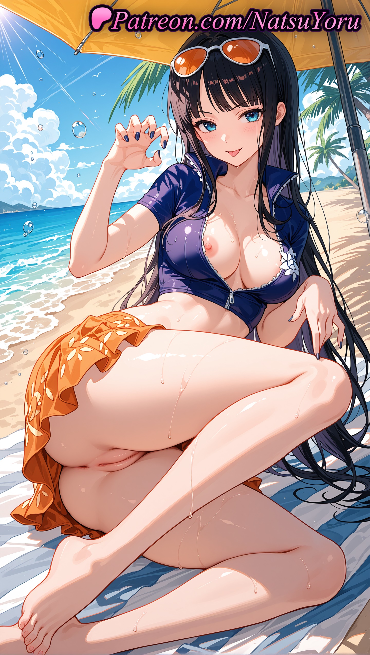 1girls, 2025, ai generated, anus, ass, bangs, barefoot, beach, black hair, blue eyes, breasts, crop top, eyewear on head, feet, female, female only, hi res, highres, legs, long hair, looking at viewer, nail polish, natsuyoru, nico robin, nico robin (classic), nico robin (cosplay), nico robin (dressrosa), nico robin (egghead), nico robin (one piece), nico robin (post-timeskip) (cosplay), nico robin (pre-timeskip), nico robin (teenager), nico robin (vegapunk), nipple slip, nipples, no panties, one piece, one piece film gold, one piece film red, one piece film strong world, one piece: egghead arc, orange skirt, outdoors, palm tree, partially unzipped, patreon, pussy, short sleeves, skirt, solo, sunglasses, toenails, toes, tongue, tongue out, umbrella, uncensored, voluptuous, voluptuous female, wet