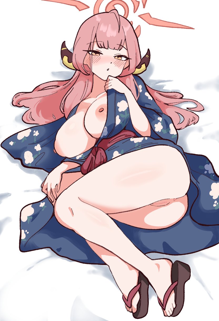 1girls, areolae, aru (blue archive), bed sheet, blue archive, blush, breasts, breasts out, clothed, clothing, female, female only, gehenna academy student, halo, horns, huge breasts, japanese clothes, light skin, light-skinned female, mago cats, nipples, nose blush, on bed, pink hair, problem solver 68 (blue archive), sandals, solo, traditional clothes, white bed sheet, yukata