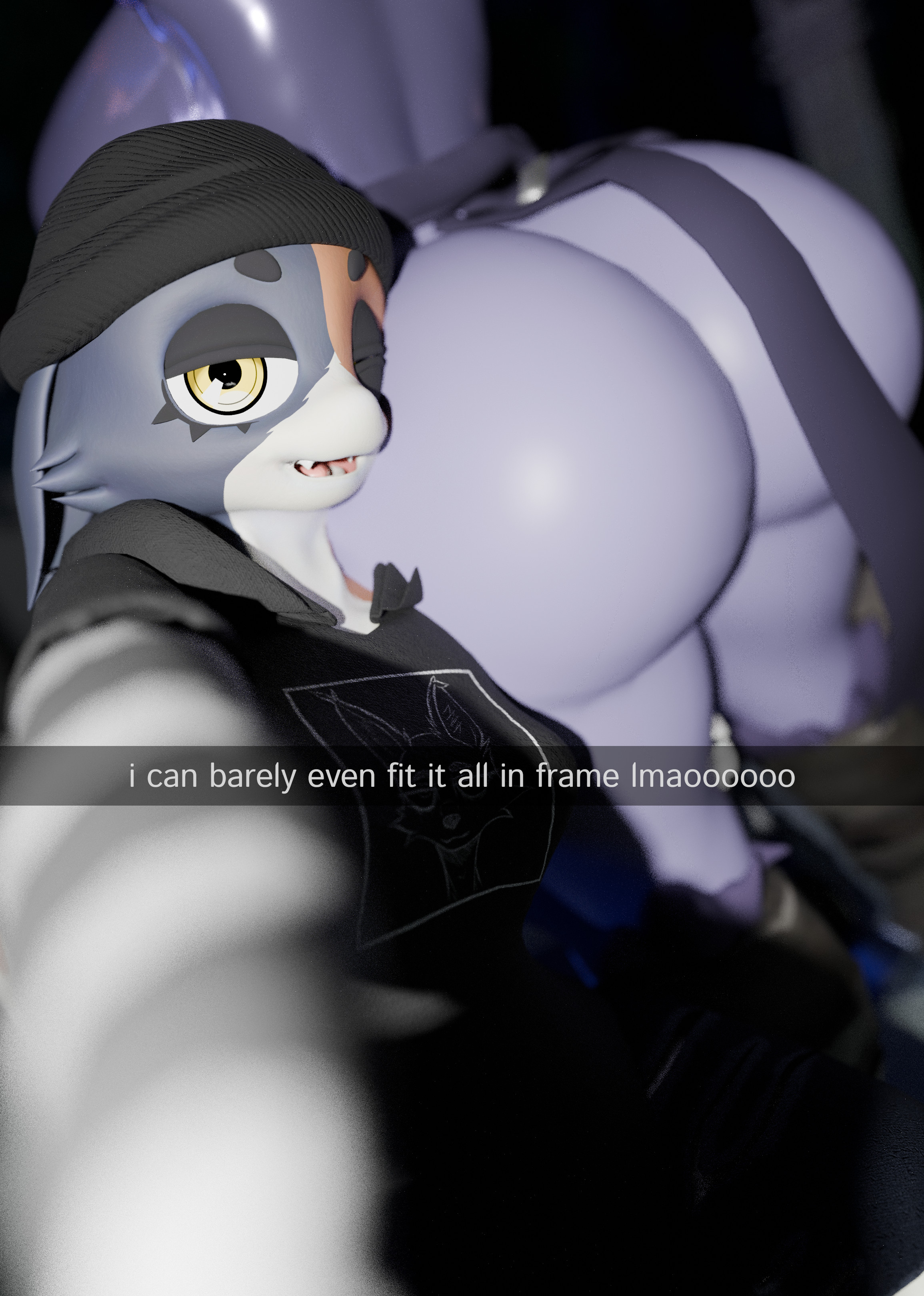 absurd res, anthro, ass, beanie, bear, big butt, butt focus, calico cat, caption, clothing, domestic cat, duo, english text, epic games, fangs, felid, feline, felis, female, female/female, fortnite, half-closed eyes, hat, head on butt, headgear, headwear, hi res, huge butt, latex, leg grab, looking at viewer, lustfuldragon (modeler), mammal, meow skulls, meow skulls (fortnite), narrowed eyes, nuzzling, open mouth, purple body, raven team leader, selfie, seriuswolf (modeler), shimshimakaze, smile, snapchat, teeth, text, thick thighs, thigh grab, wallimog (modeler)