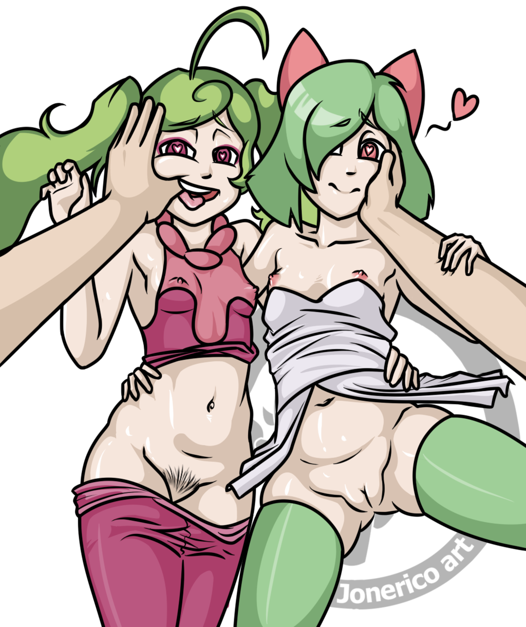 2girls ambiguous_gender breasts finger_in_mouth green_hair heart-shaped_pupils human kirlia multiple_girls personification pokemon pokemon_(species) pokemon_rse pokemon_sm pubic_hair pussy short_hair small_breasts steenee straight text twintails