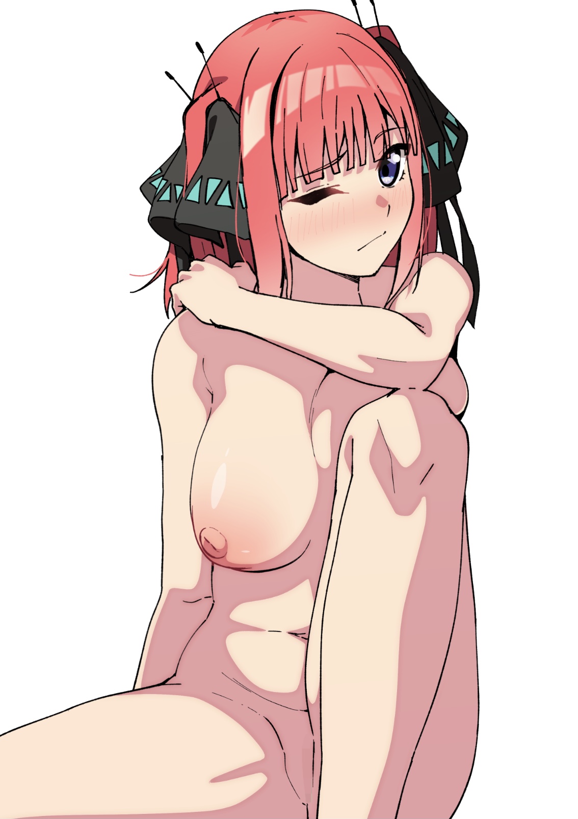 blue eyes, blush, breasts, censored, completely nude, female, go-toubun no hanayome, hair ribbon, highres, large breasts, looking at viewer, medium hair, monya monya (tmsc7752), mosaic censoring, nakano nino, nipples, nude, one eye closed, pink hair, ribbon, sitting, solo, white background