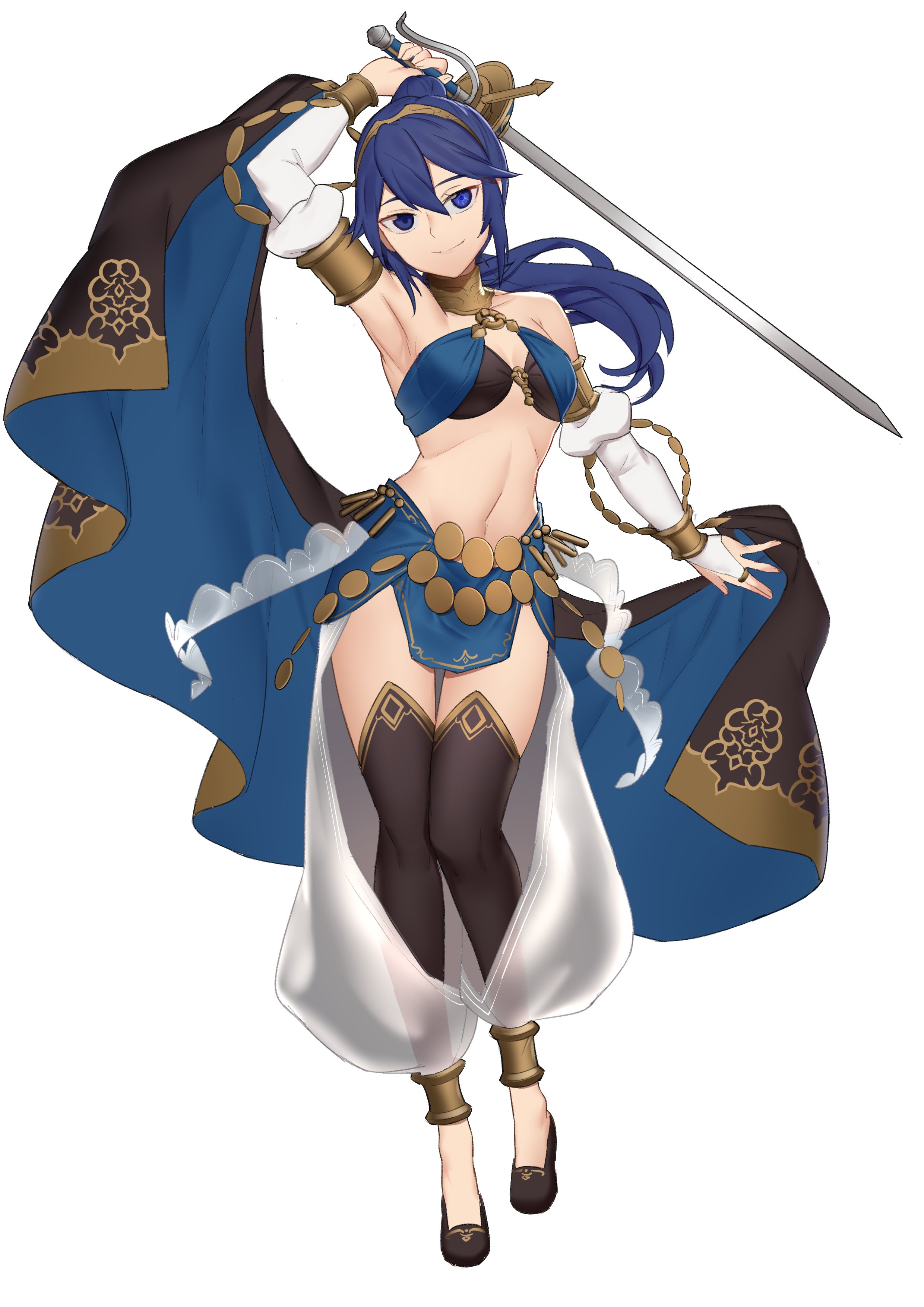 1girls, absurdres, alternate costume, armlet, armpits, bare shoulders, bare thighs, blue eyes, blue hair, blush, bracelet, breasts, cleavage, cosplay, dancer, earrings, ebinku, female, fire emblem, fire emblem awakening, fire emblem heroes, full body, gloves, hair between eyes, highres, jewelry, long hair, looking at viewer, lucina (fire emblem), midriff, navel, necklace, nintendo, olivia (fire emblem) (cosplay), simple background, smile, solo, sword, thighhighs, tiara, weapon, white background
