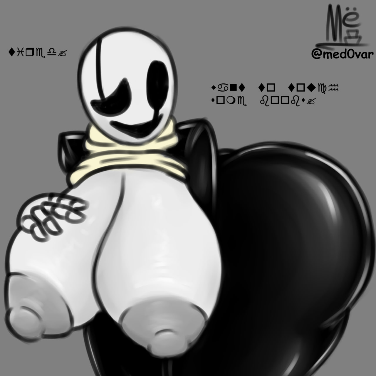 big ass, breasts, breasts bigger than head, breasts out, deltarune, fem gaster, female, gaster, hand on breast, huge breasts, med0var, rule 63, signature, sweater, sweater lift, text, turtleneck, turtleneck sweater, undertale, undertale (series), wingdings, wingdings text