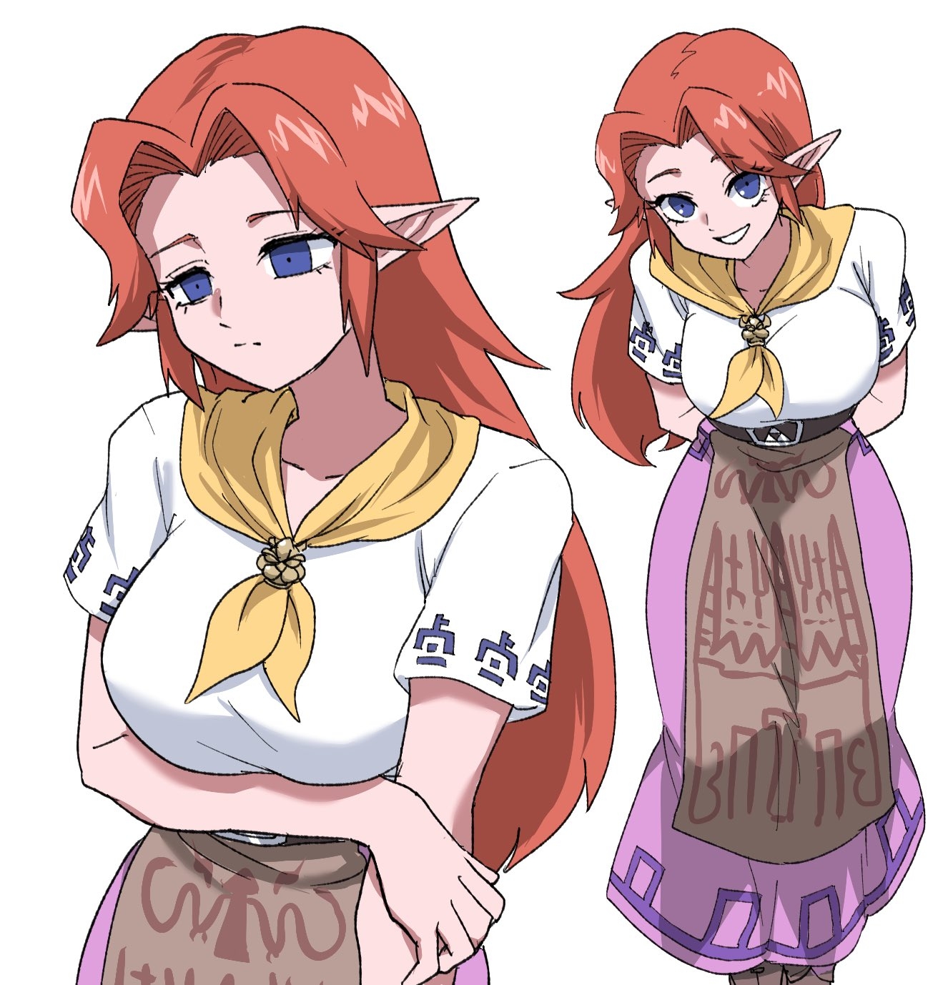 1girls, arms behind back, big breasts, blue eyes, bowser brooch, breasts, dress, elf ears, farmgirl, female, holding arm, ilo a5, leaning forward, light skin, long hair, looking at viewer, malon, nintendo, ocarina of time, pointy ears, red hair, smile, solo, the legend of zelda, triforce, wide hips