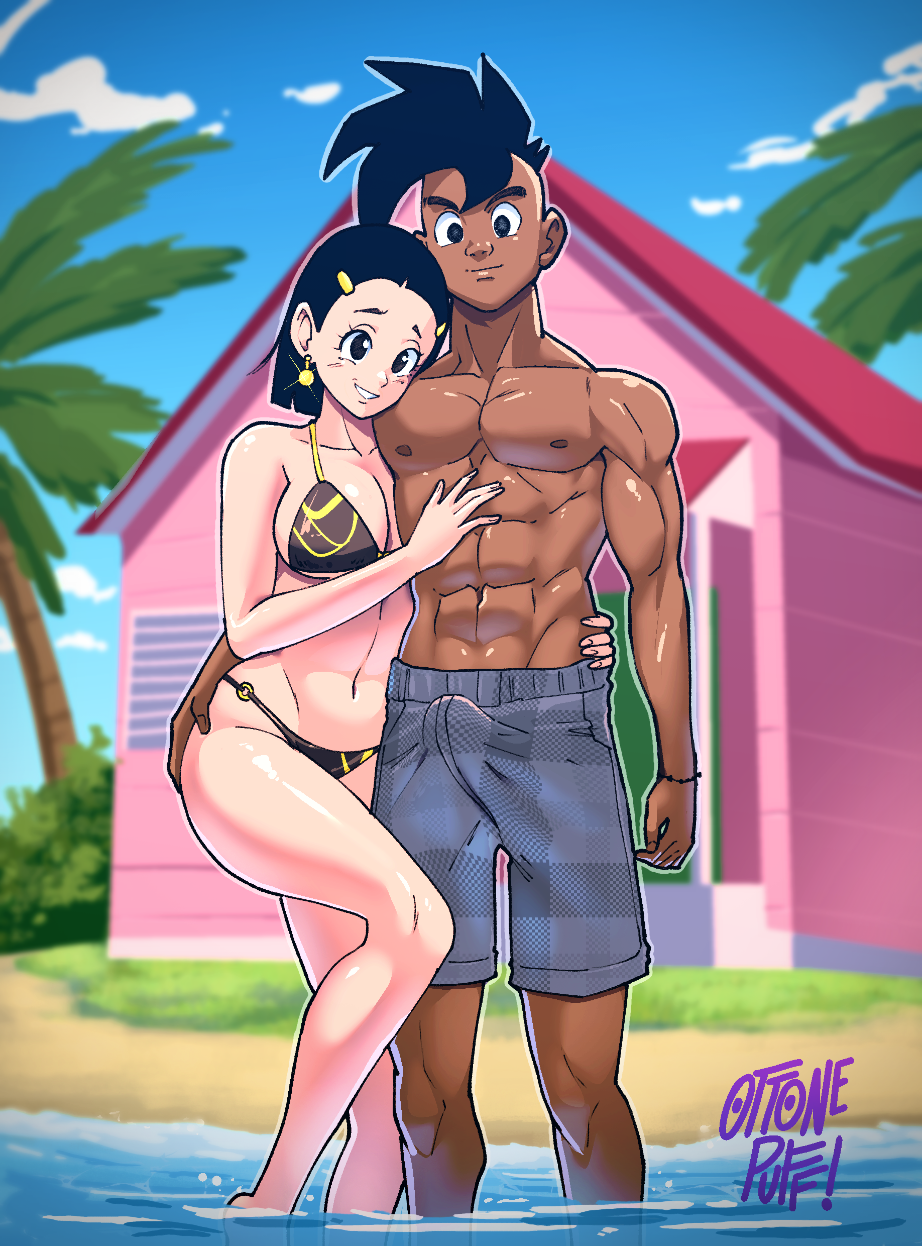 1boy, 1boy1girl, 1girls, asian female, beach, bikini, boner, cheating, cheating wife, chichi, chichi (gt saga), dark-skinned male, dragon ball, dragon ball gt, female, gilf, groping, interracial, majuub, male, married female, milf, no sex, older female, ottonepuff, pafupafu (artist), swimsuit, uub, widow, younger male