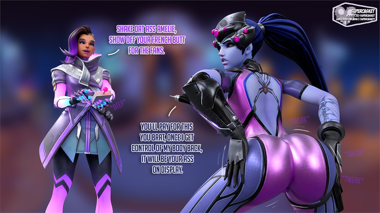 2girls, 3d, activision, amelie lacroix, ass, big ass, big breasts, blizzard entertainment, blue body, blue skin, blue-skinned female, body control, breasts, bust, busty, button, chair, chest, curvaceous, curvy, curvy figure, english text, female, female only, hips, hourglass figure, huge ass, huge breasts, large ass, large breasts, legs, mature, mature female, multiple females, multiple girls, olivia colomar, overwatch, overwatch 2, slim waist, sombra, supercasket, text, thick, thick hips, thick legs, thick thighs, thighs, twerk hypnosis, twerking, voluptuous, waist, wide hips, widowmaker