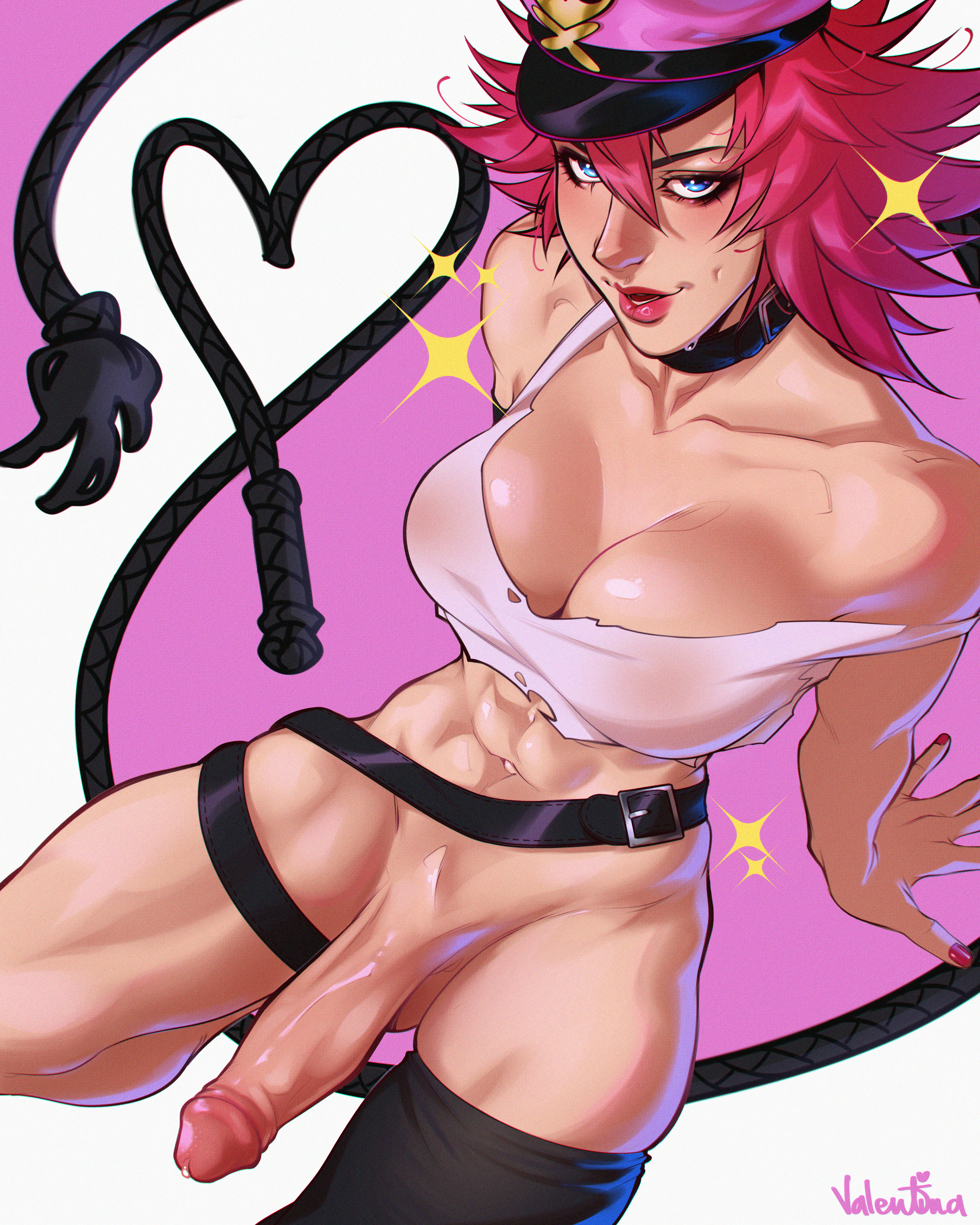 1futa, abs, bedroom eyes, bottomless, capcom, choker, cleavage, crop top, final fight, fit, fit futa, futa only, futanari, heart symbol, intersex, large penis, looking at viewer, muscular, muscular futa, no pants, painted nails, penis, penis out, pink lipstick, pinup, pinup pose, poison (final fight), precum, precum drip, presenting penis, sexy pose, shaved crotch, solo, sparkles, street fighter, sweatdrop, valentinainat1