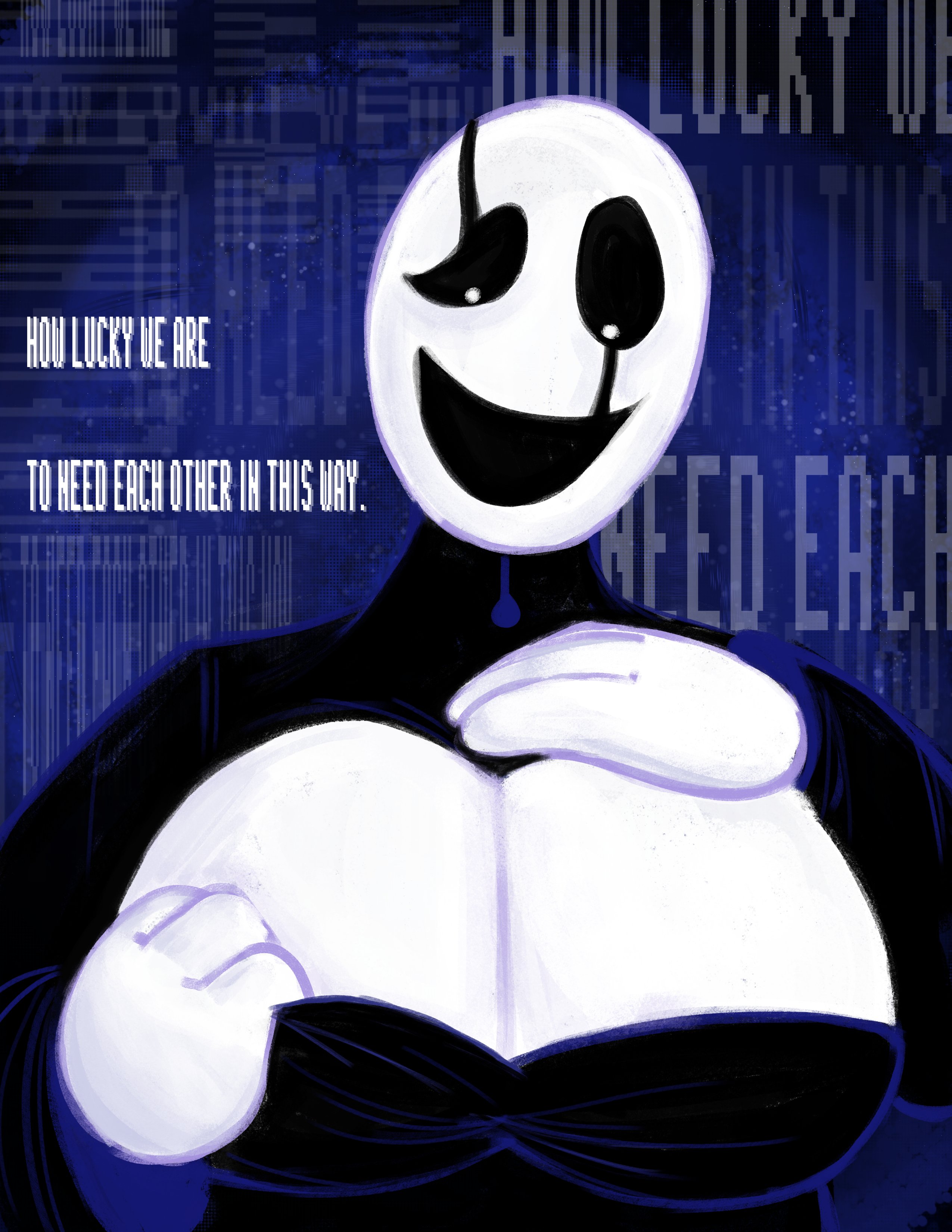 2d, 2d (artwork), big breasts, breasts, breasts bigger than head, breasts focus, deltarune, fem gaster, female, freaky frohicky, gaster, huge breasts, rule 63, solo, solo female, talking to viewer, text, text background, undertale, undertale (series), white body