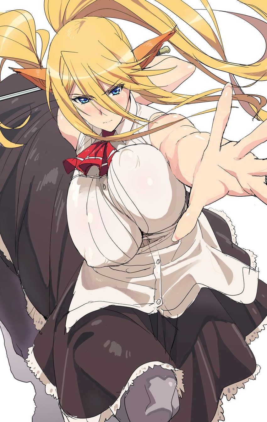 animal ears, animal tail, blonde hair, blue eyes, breasts, centaur, centauress, centorea shianus, clothed, female, horse ears, horse tail, huge breasts, ishii takamori, monster girl, monster musume no iru nichijou, no bra, solo, sword, taur