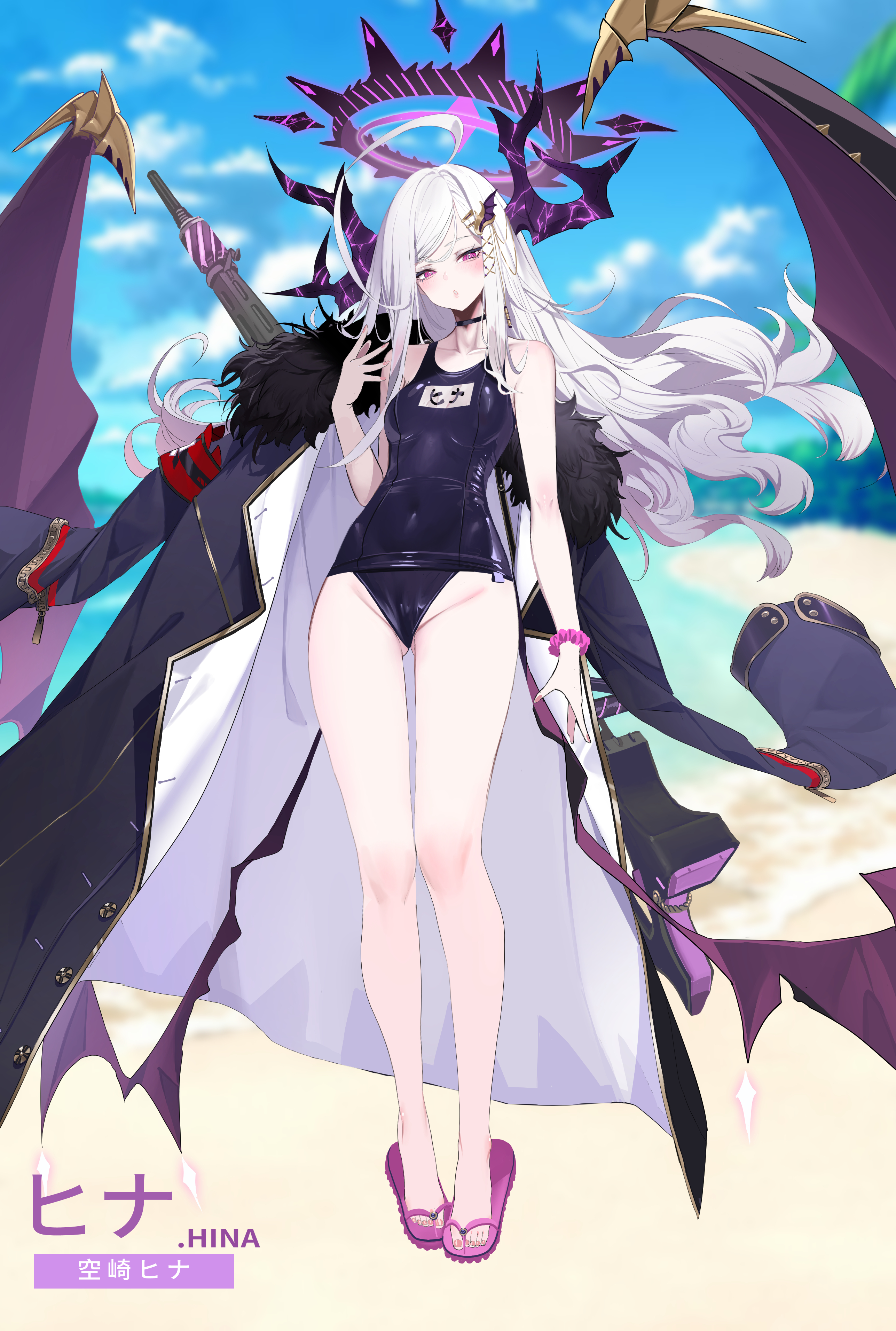 1girls, absurdres, aged up, ahoge, alternate costume, armpits, ass visible through thighs, bare arms, bare legs, bare shoulders, black choker, black coat, black one-piece swimsuit, blue archive, blush, character name, choker, coat, collarbone, dishwasher1910, female, female only, full body, fur trim, fur-trimmed coat, gun, gun on back, halo, highres, hina (blue archive), hina (swimsuit) (blue archive), horns, long hair, looking at viewer, low wings, machine gun, mg42, one-piece swimsuit, purple eyes, purple halo, purple horns, purple sandals, purple scrunchie, purple wings, sandals, school swimsuit, scrunchie, shoulders, solo, standing, swimsuit, thighs, very long hair, weapon, weapon on back, white hair, wings, wrist scrunchie