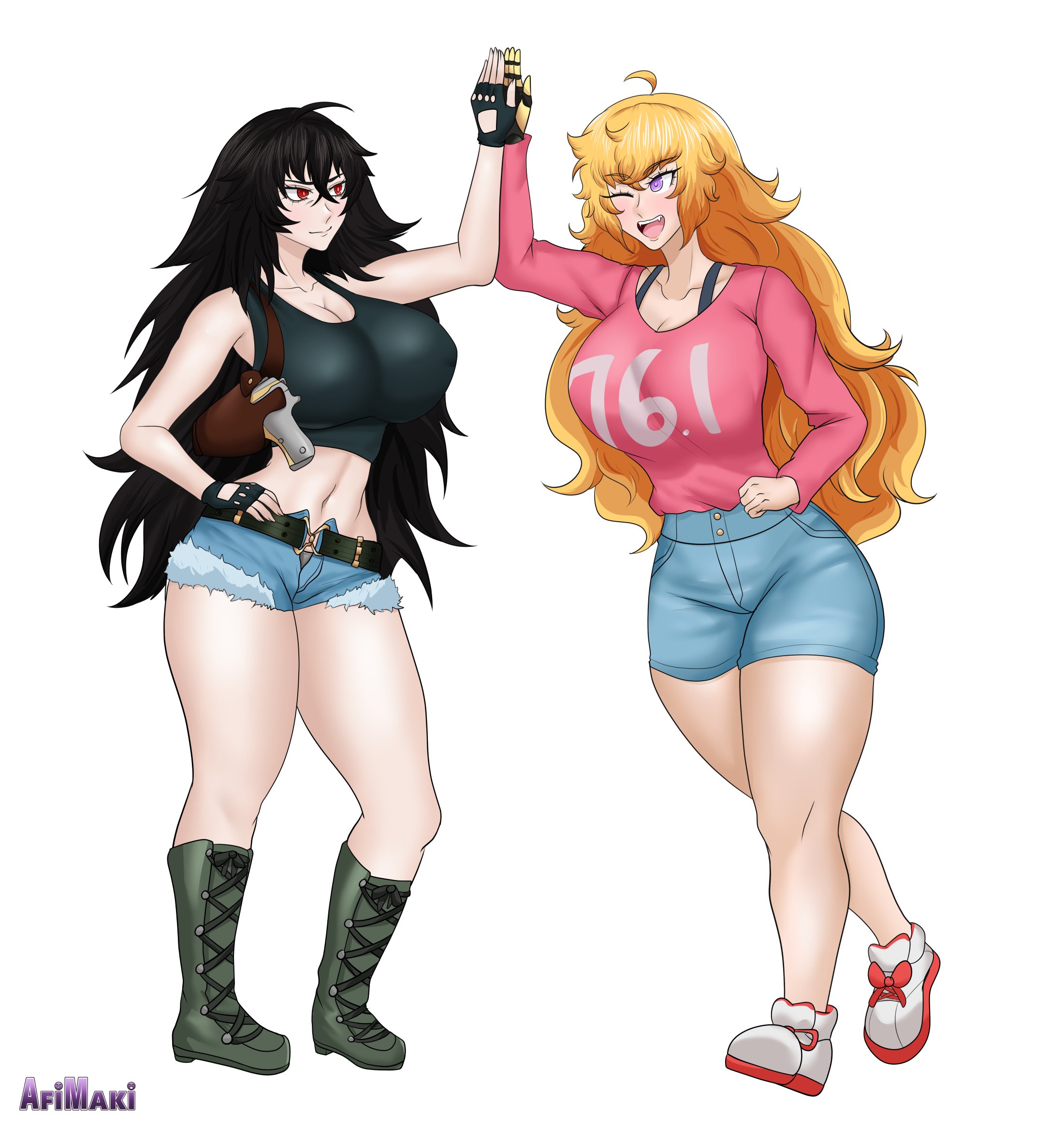 2025, 2d, 2d (artwork), 2girls, afimaki, artist name, big breasts, black hair, black lagoon, blonde hair, breasts, chainsaw man, cleavage, cosplay, female, female only, gun, high five, huge breasts, large breasts, long hair, looking at another, milf, mother and daughter, multiple females, multiple girls, power (chainsaw man) (cosplay), questionable, raven branwen, red eyes, revy (cosplay), rwby, sfw, short shorts, shorts, simple background, violet eyes, wavy hair, white background, wholesome, yang xiao long
