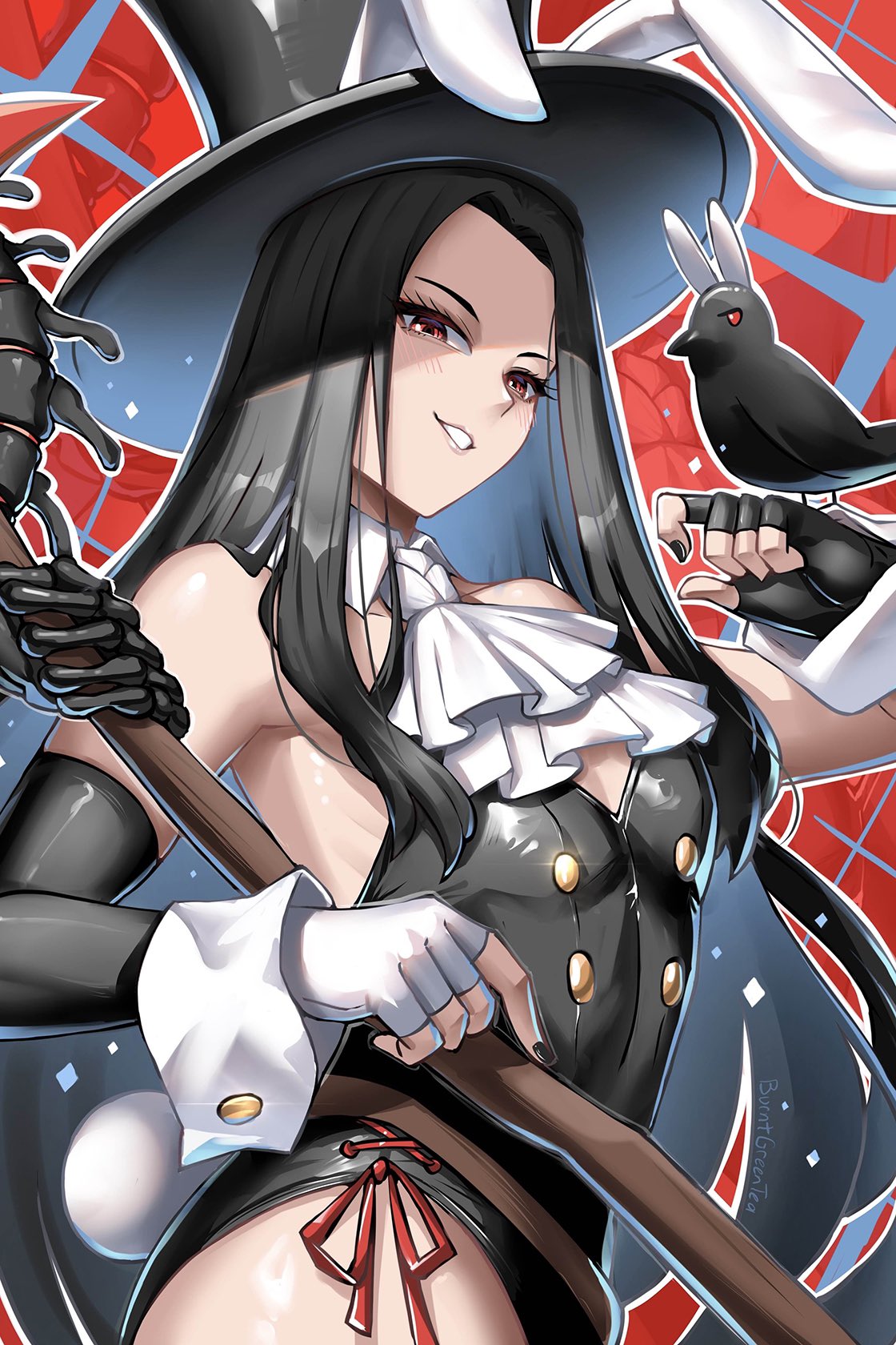 1other, ambiguous gender, androgynous, animal ears, armpits, artist name, ascot, asymmetrical gloves, bare shoulders, bird, black gloves, black hair, black leotard, black nails, blush, burnt green tea, commentary, crow, detached sleeves, english commentary, english text, fake animal ears, female, female only, from side, gloves, goth, guilty gear, guilty gear strive, hat, highres, holding, holding scythe, holding weapon, leotard, long hair, looking at viewer, nail polish, nonbinary, rabbit ears, red eyes, scythe, shaded face, smile, testament (guilty gear), thick eyelashes, top hat, weapon, white ascot, white gloves, wrist cuffs