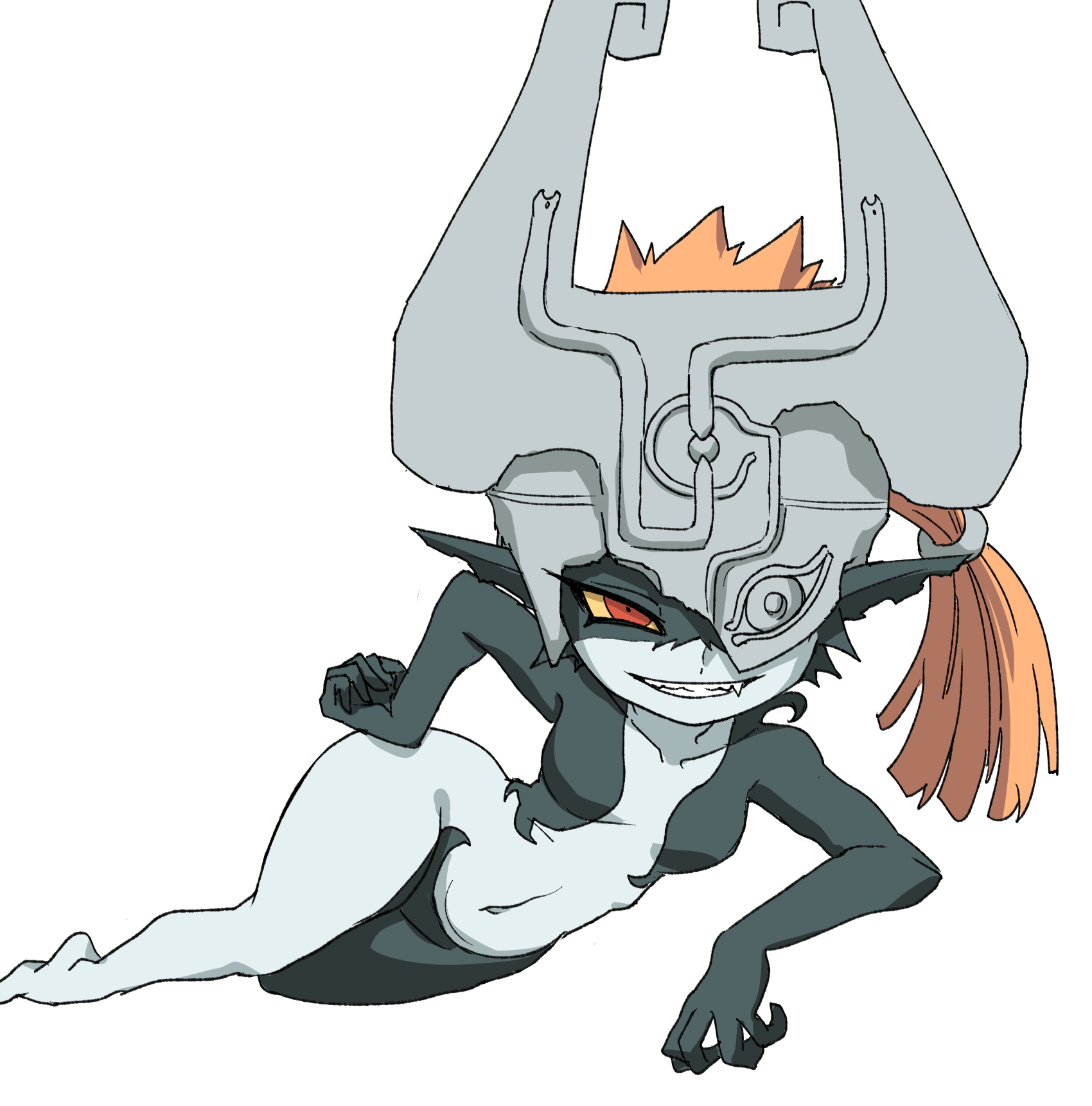 1girls, belly button, big hips, breasts, confident, curvy, fang, female, fused shadow, hand on hip, helmet, hips, hourglass figure, ilo a5, imp, lying on side, midna, naked female, navel, nintendo, nude, pale skin, pointy ears, ponytail, red eyes, shortstack, small breasts, smile, the legend of zelda, thick, twilight princess, wide hips, yellow sclera